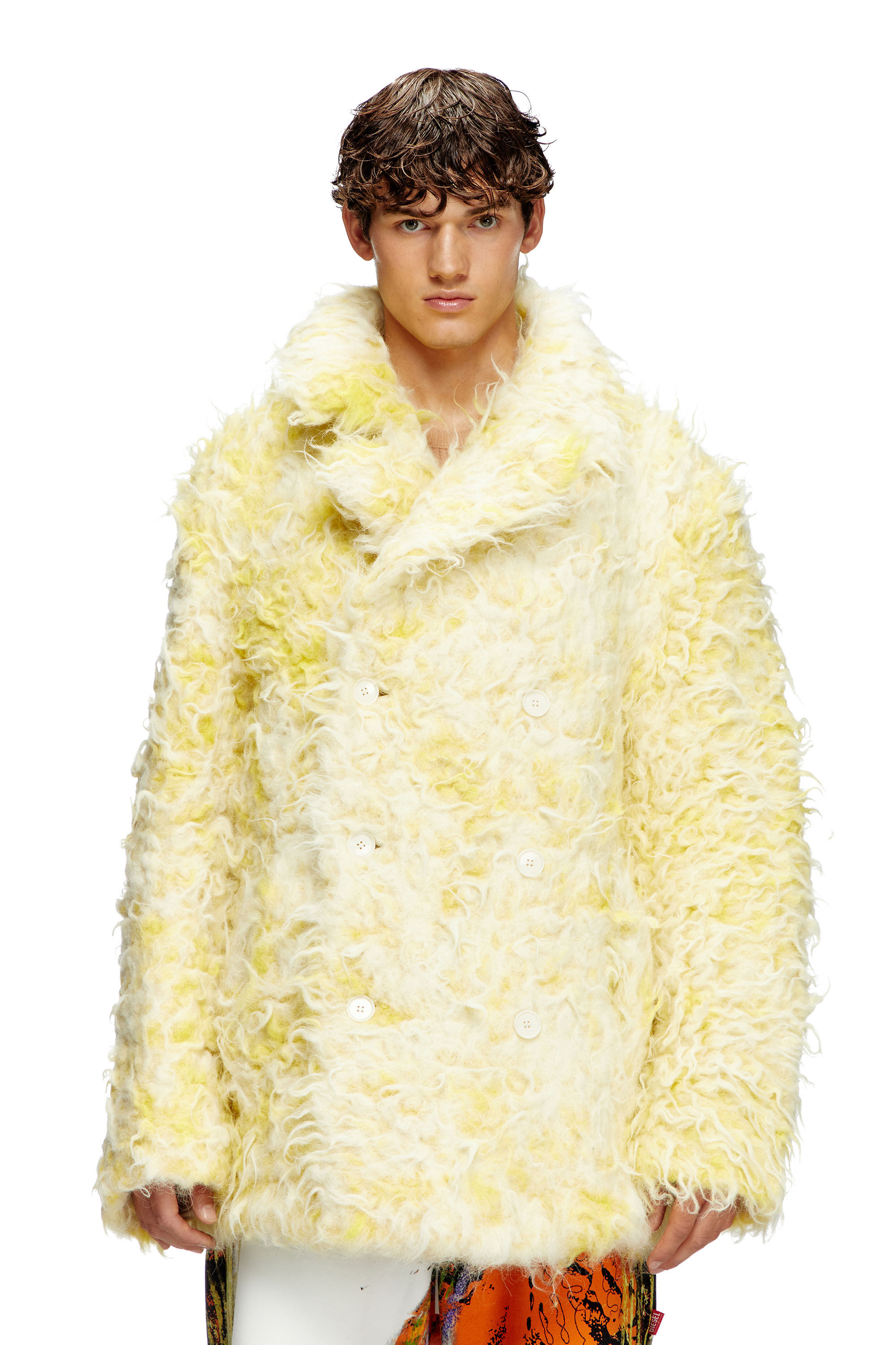 Diesel - W-MIN-SHORT, Cappotto doppiopetto in shaggy alpaca Uomo in Giallo - 3