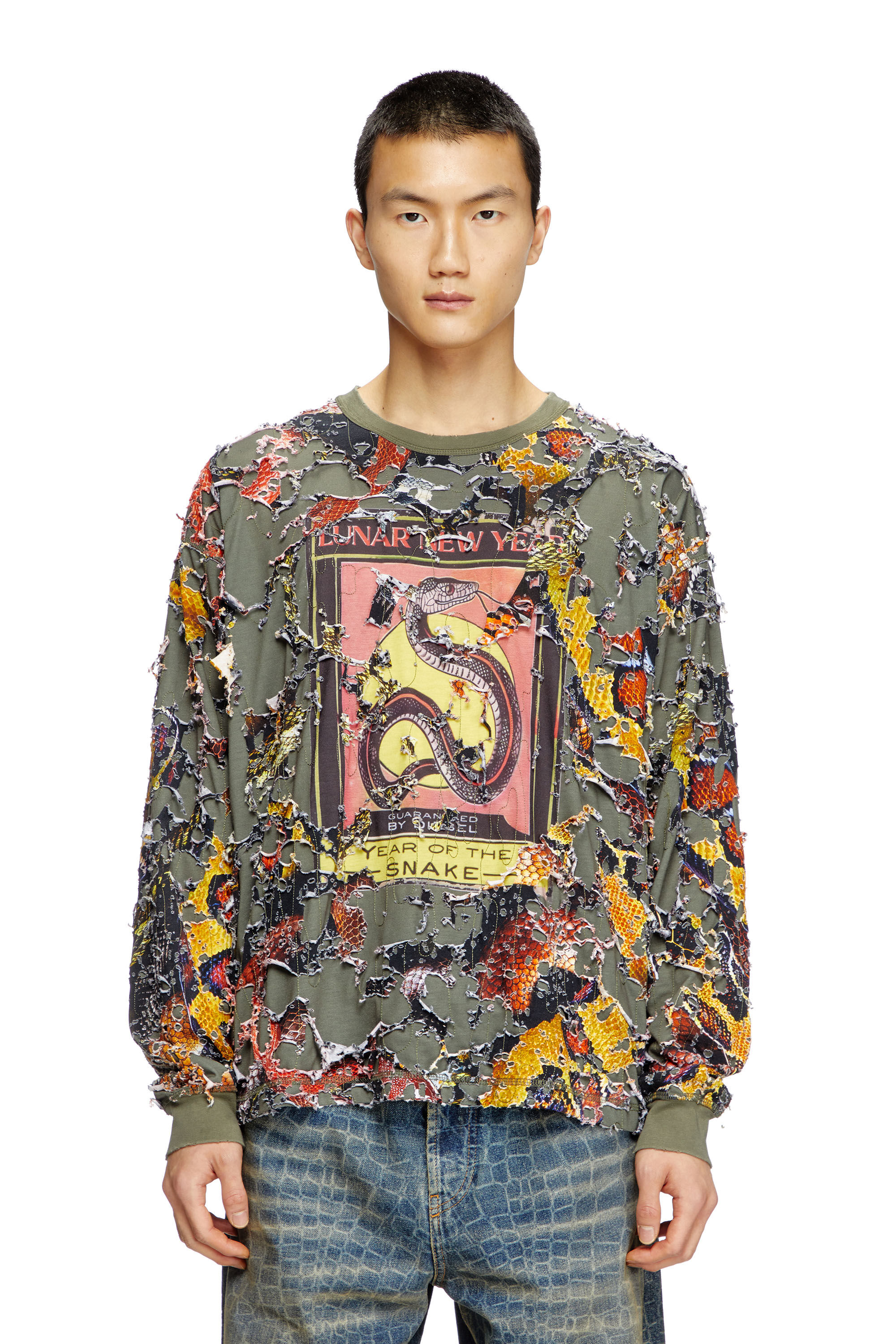 Diesel - CL-T-BOXT-LS-DEVOR-SNAKE, T-shirt a maniche lunghe destroyed stampa snake Unisex in Verde - 3