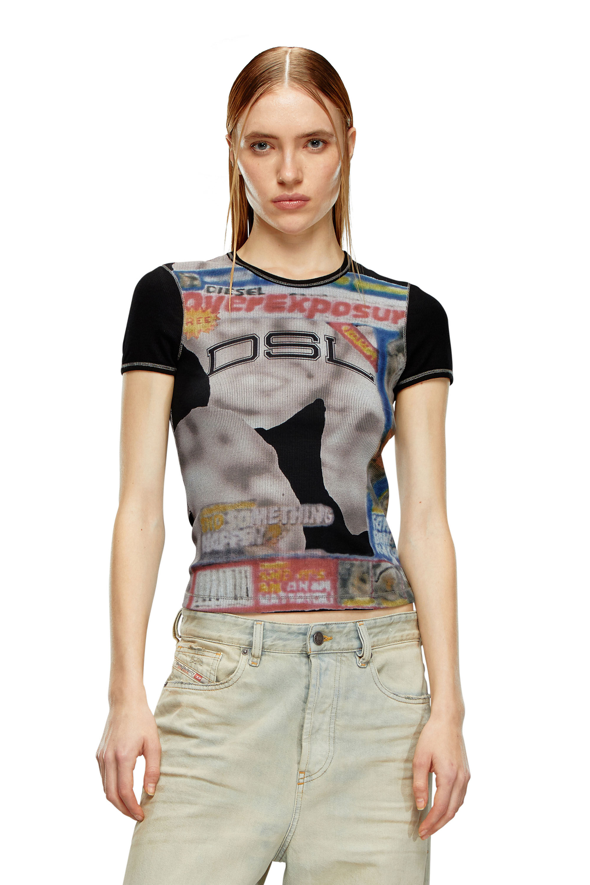 【関税送料込】☆DIESEL☆ Ribbed T-Shirt Women's Ribbed T-shirt with airbrush print | Black | Diesel