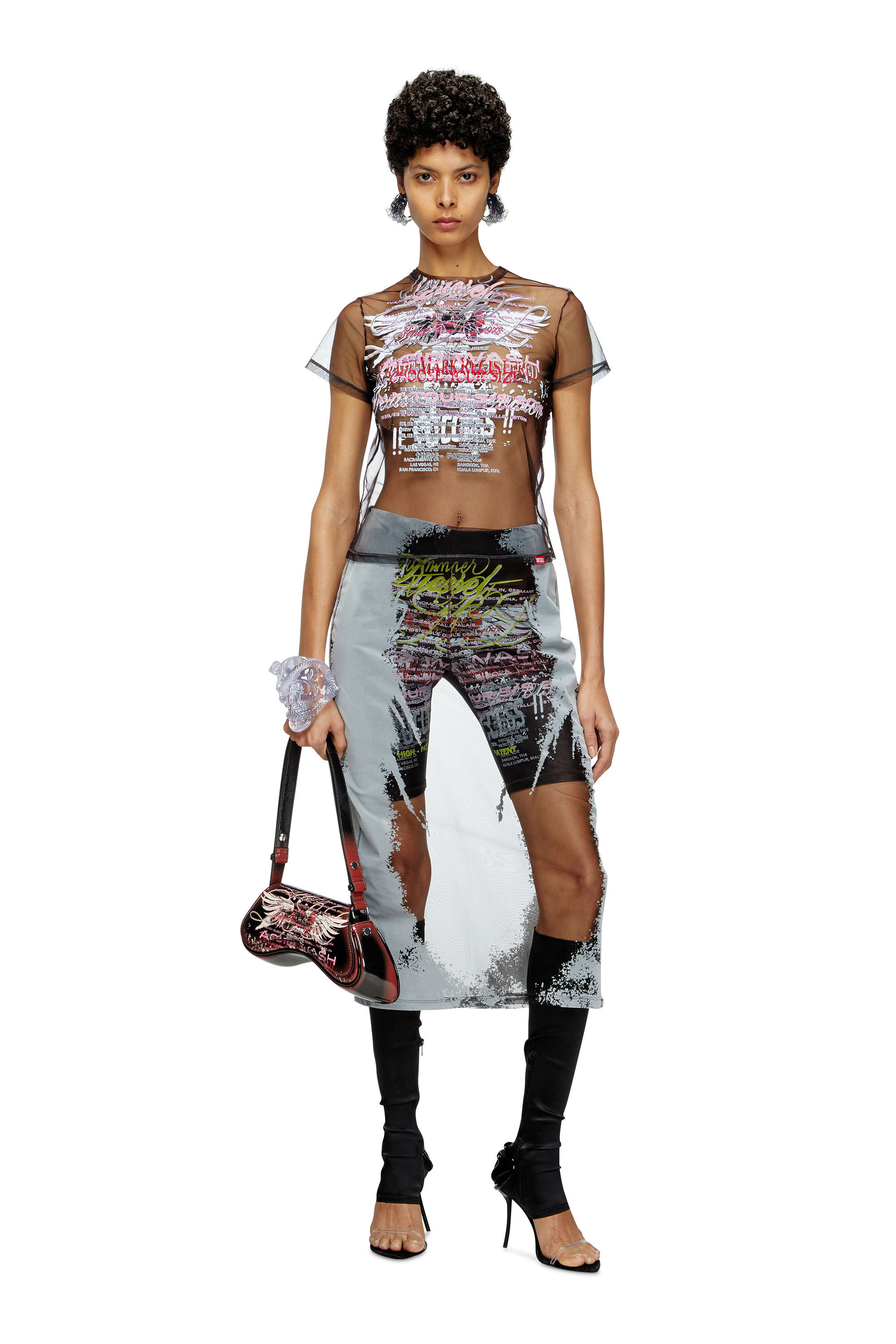 Diesel - T-YRAC, Top semitrasparente con stampa DJ Donna in Nero - 1