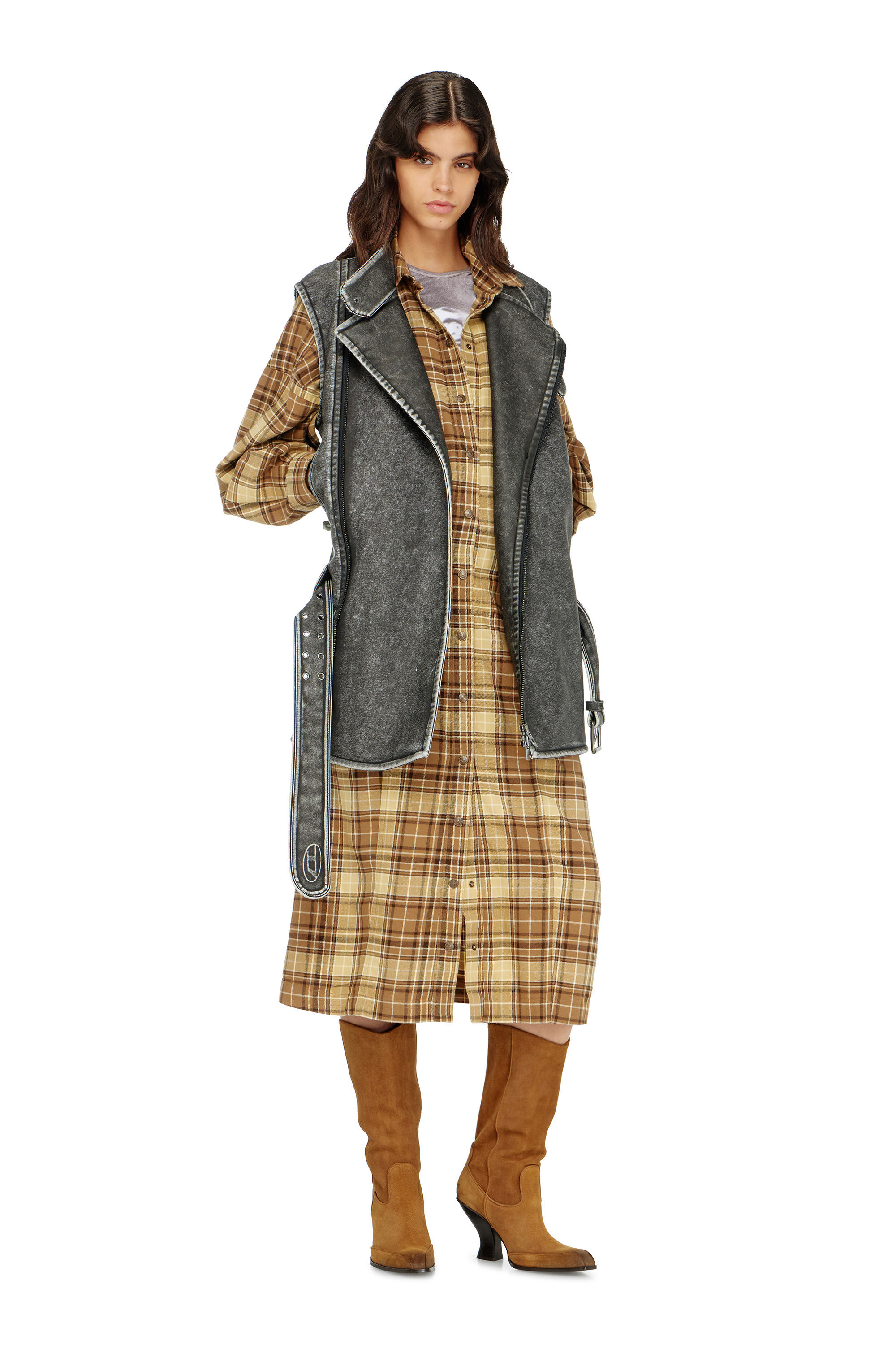 Diesel - D-EDALUS, Abito midi in flanella a quadri con cintura wide Donna in Multicolor - 1