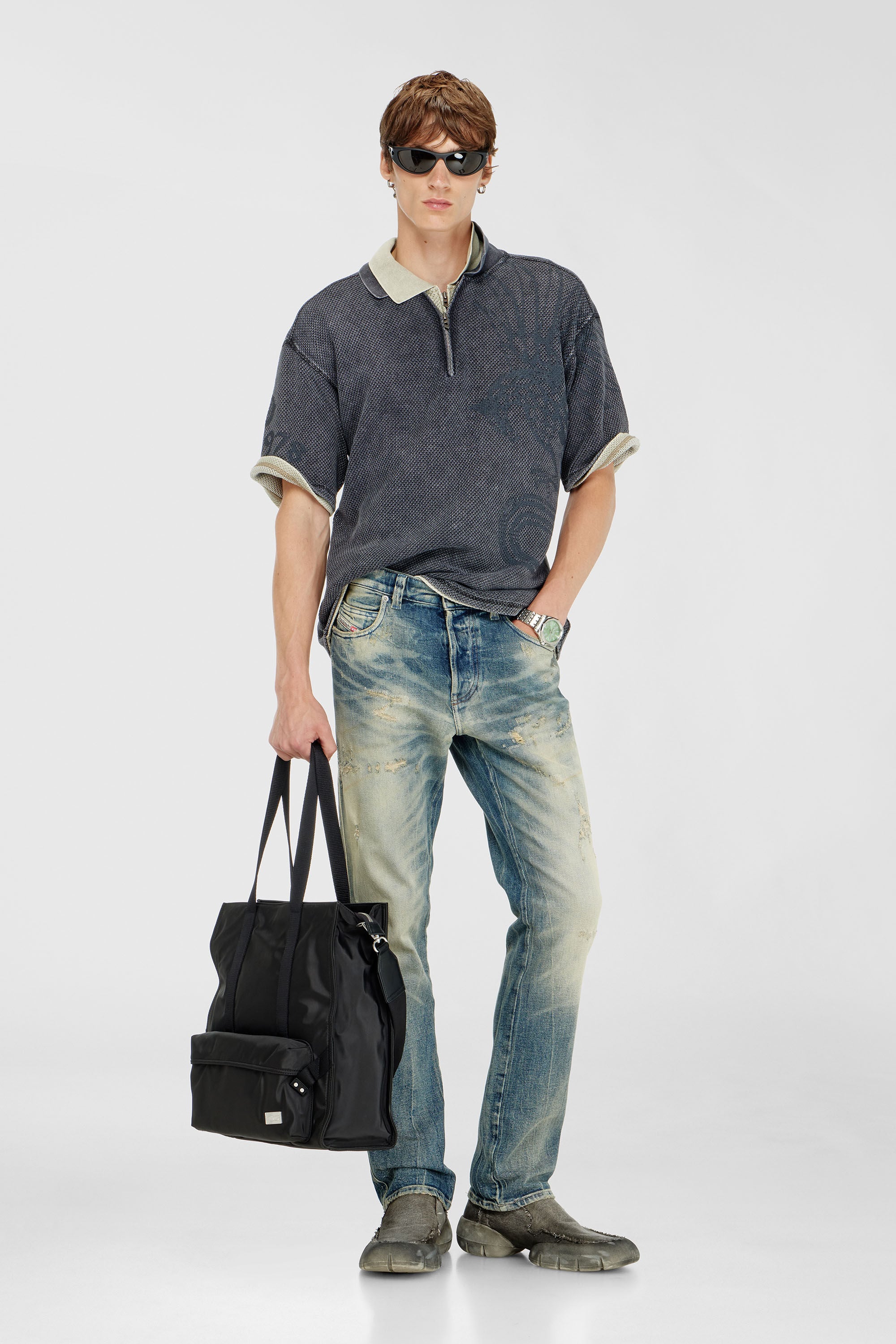 Diesel - T-ERRY-ZIP, Polo in mesh jacquard con stampa Phoenix Uomo in Grigio - 1