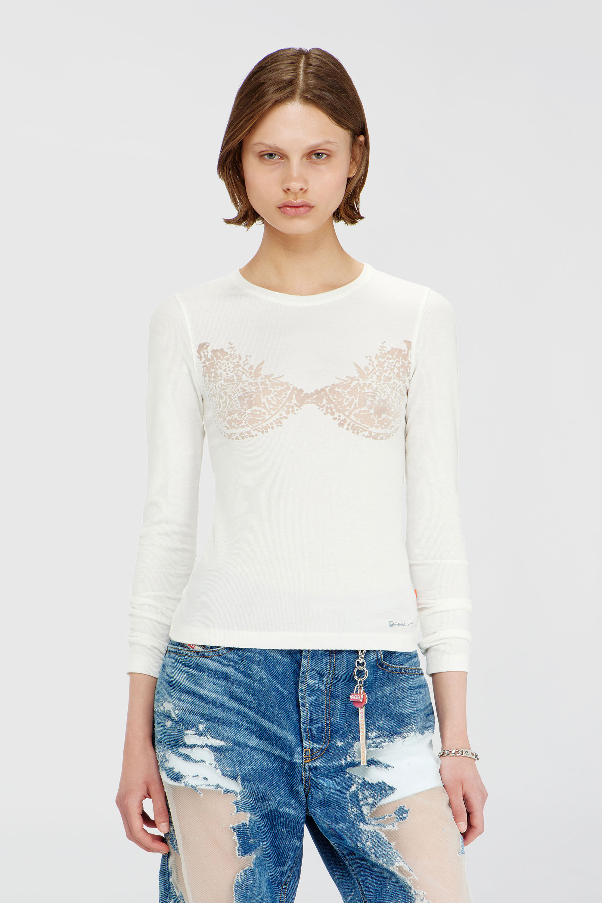 Diesel - PR-T-MOKKI-LS-R, Top con effetto pizzo devor&eacute; Donna in Bianco - 3