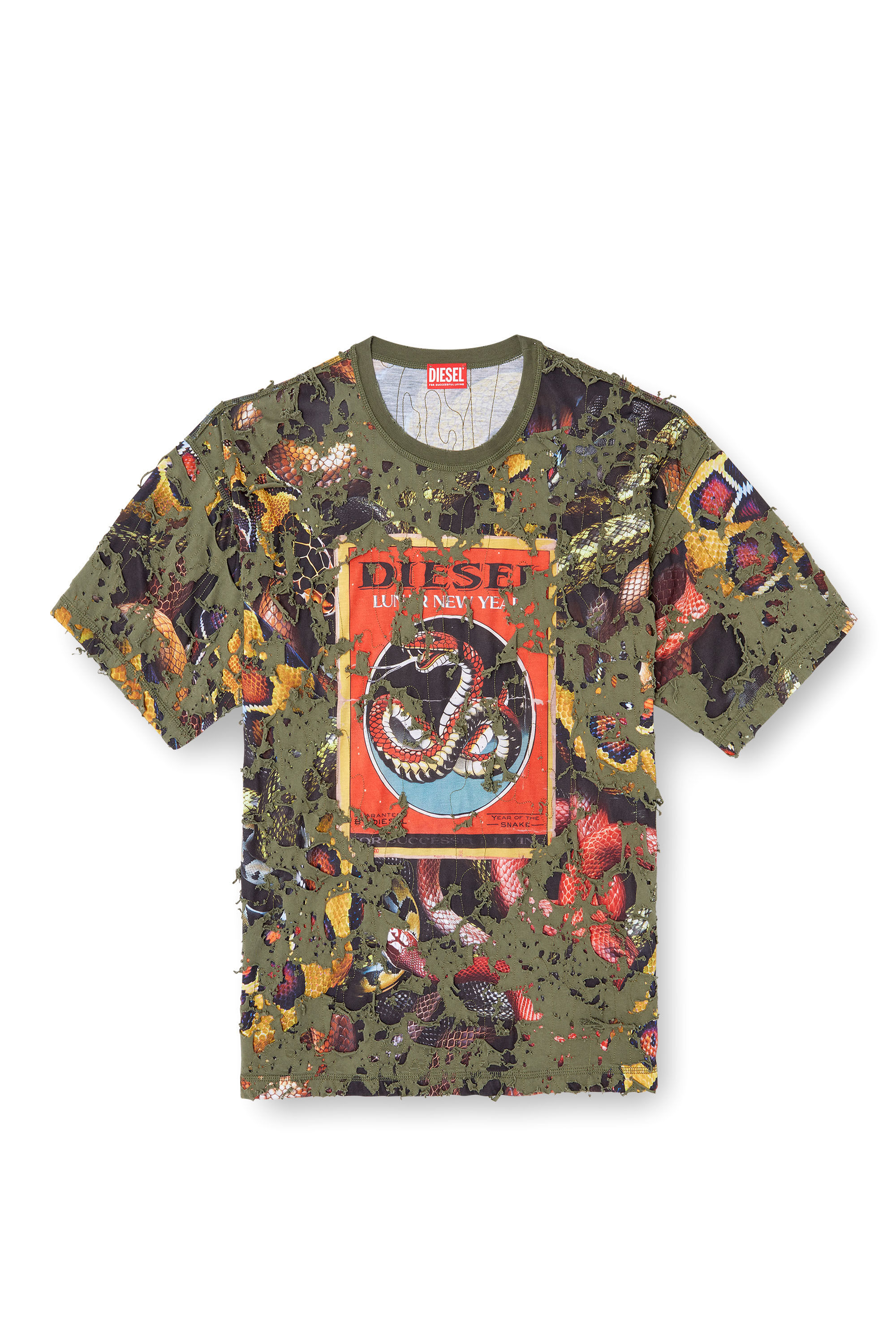 Diesel - CL-T-BOXT-DEVOR-SNAKE, T-shirt stampa snake con strato destroyed Unisex in Verde - 2