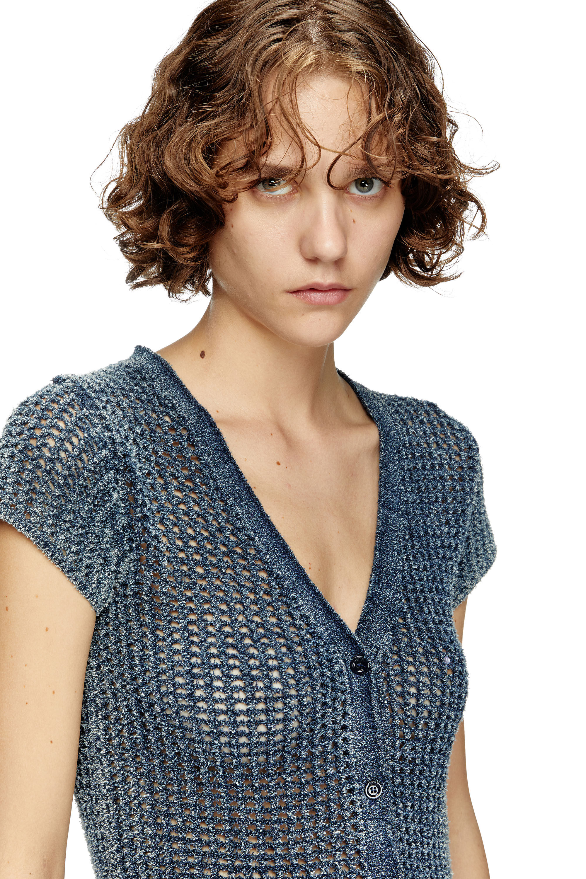 Diesel - M-REZ, Cardigan a maniche corte traforato in denim Donna in Blu - 5