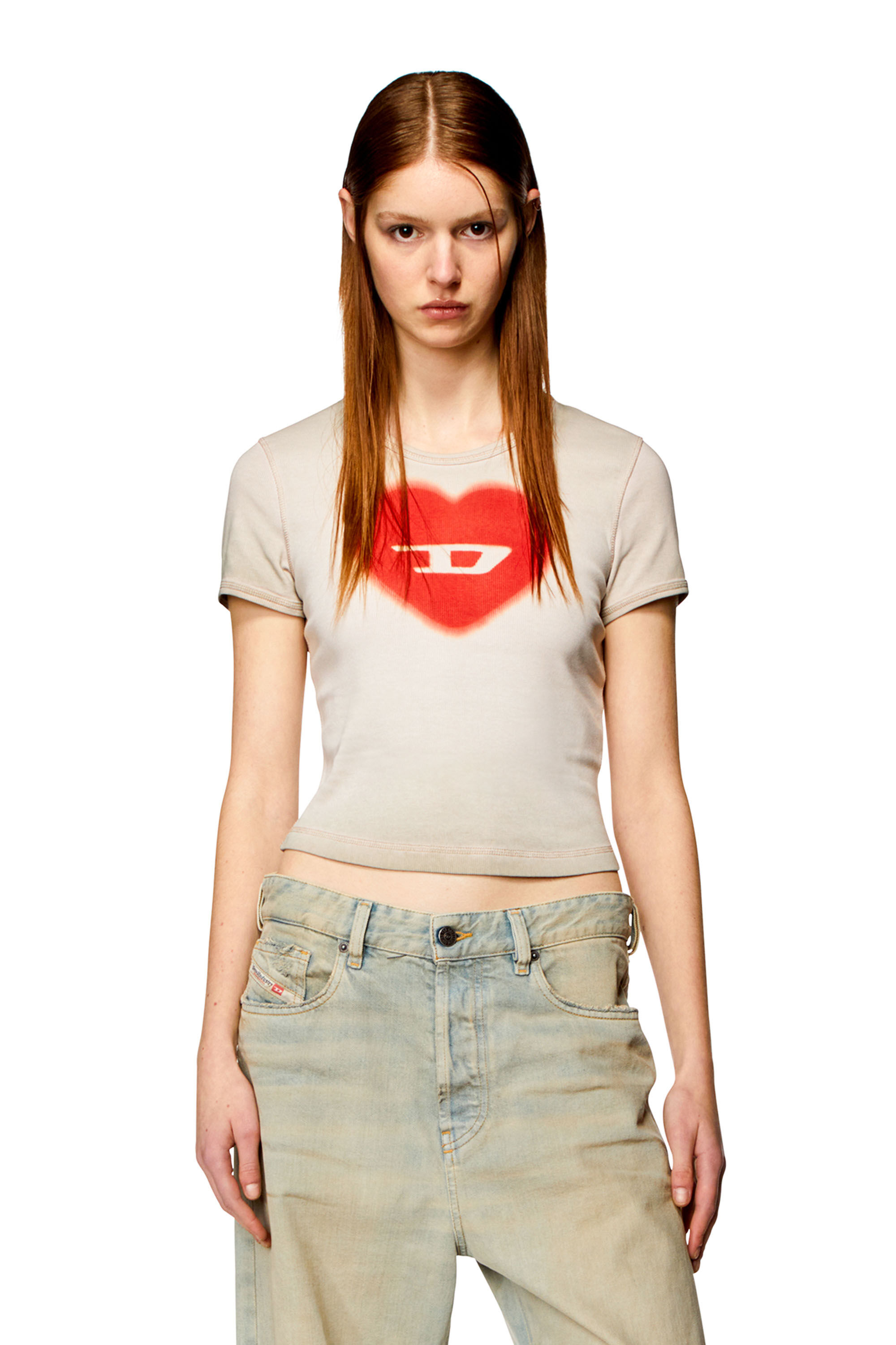 T shirt donna a coste con cuore acquerellato D Beige Diesel
