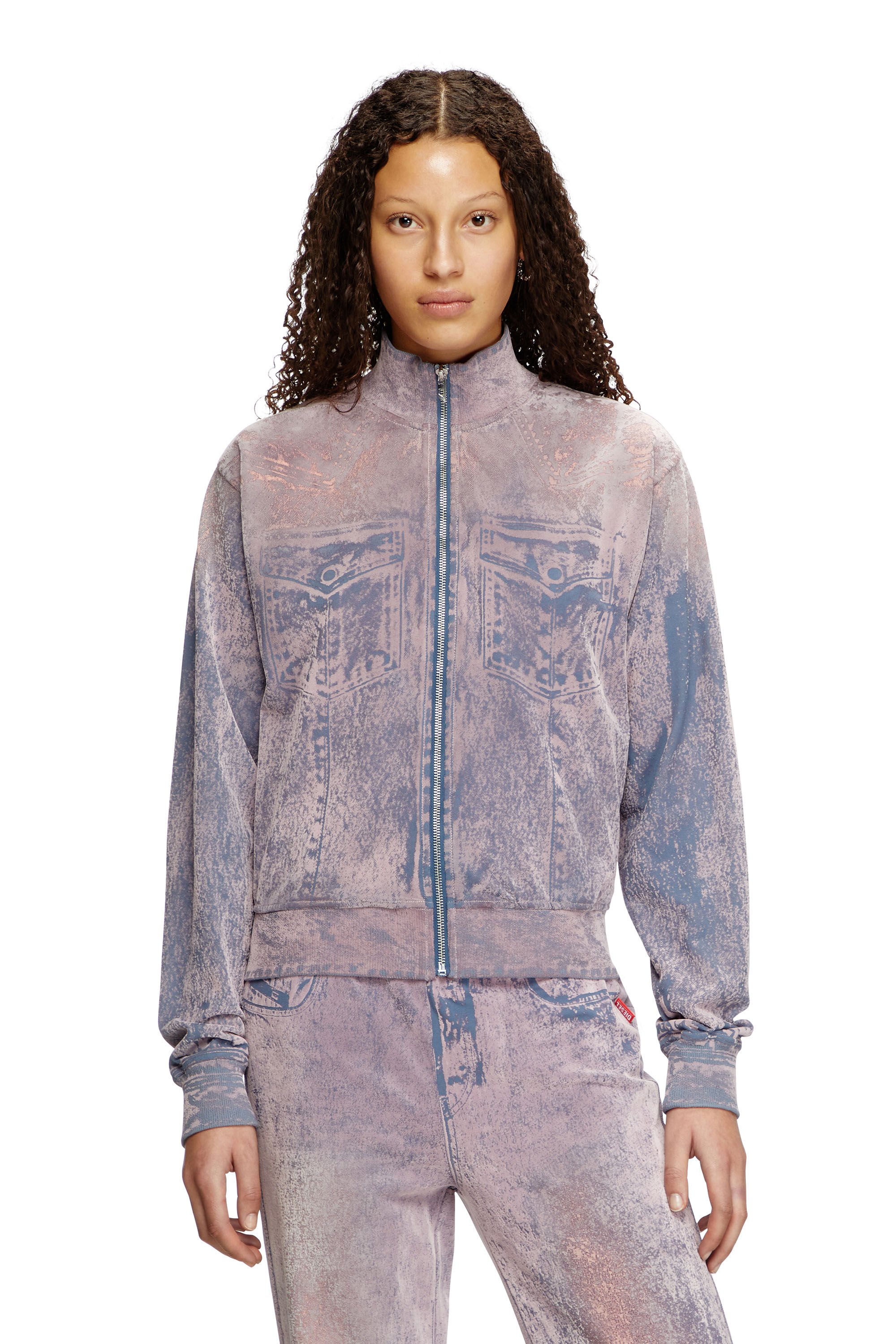 Diesel - F-SLITLY, Woman's Trompe l'oeil flocked zip-up sweatshirt in Blue/Violet - 3