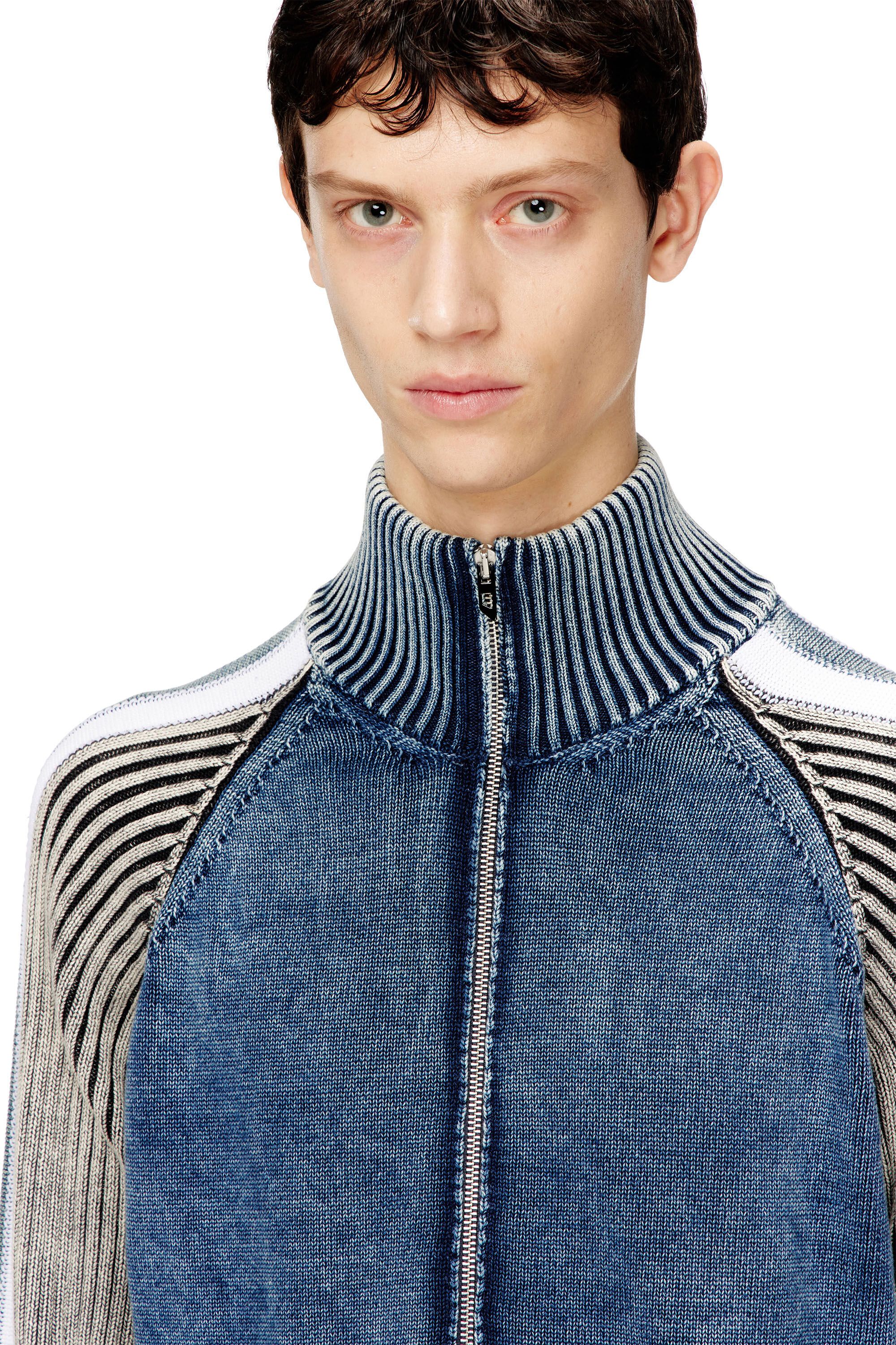 Diesel - K-HERONIMO, Man's Zip-up cardigan with sporty bands in Blue/Grey - 5