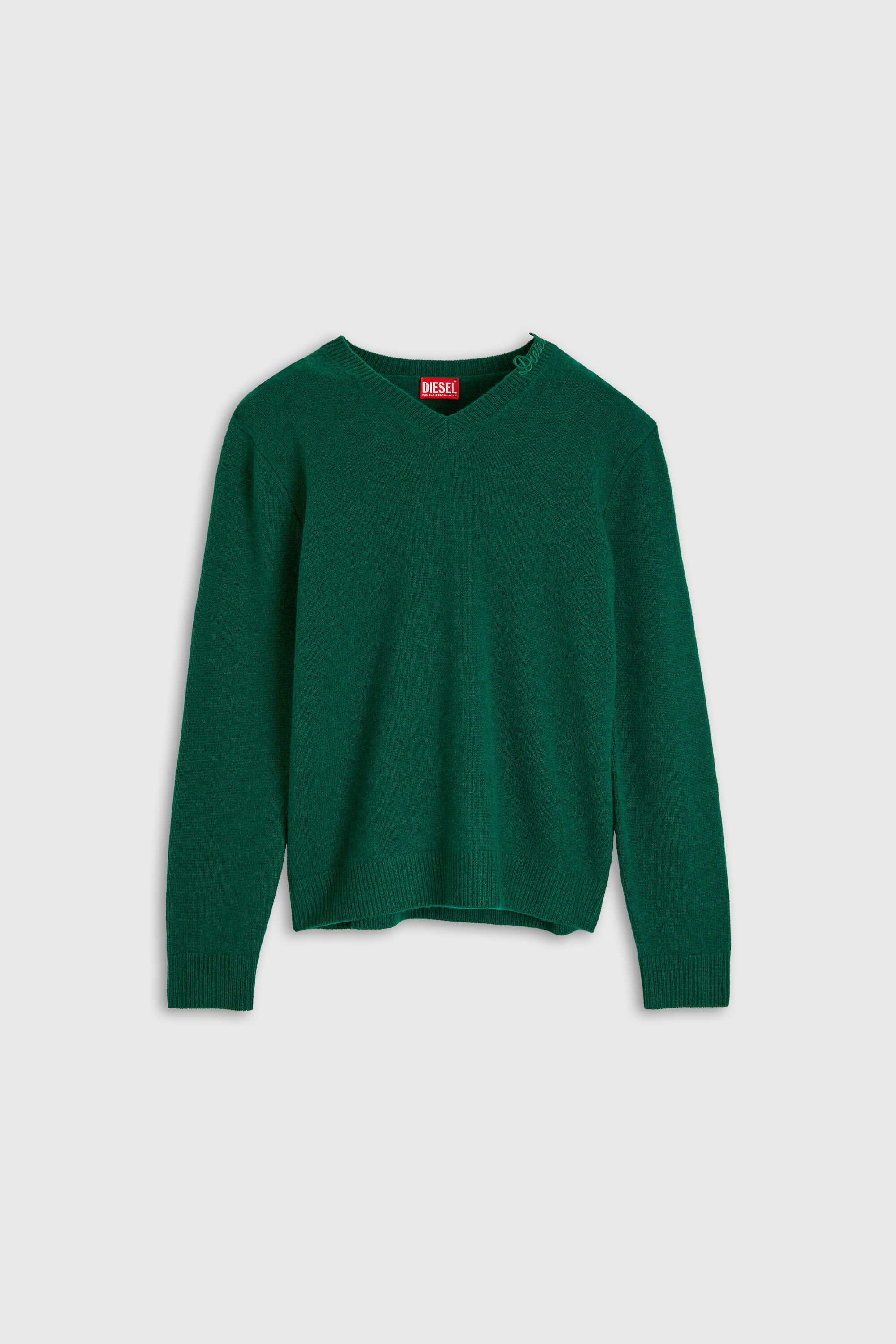 Diesel - K-IMER, Maglione in lana con scollo a V e logo sul collo Uomo in Verde - 2
