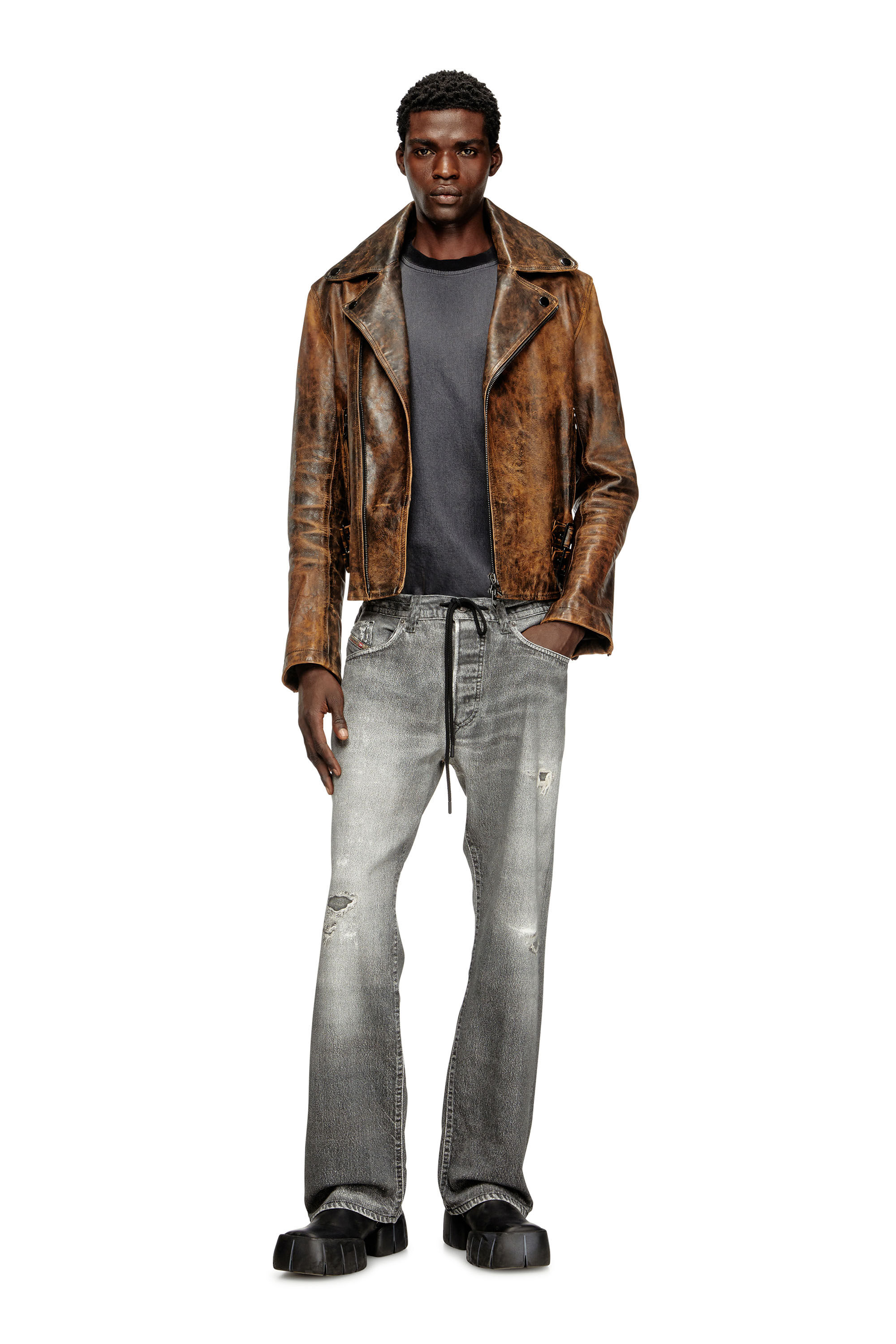 Diesel - L-EON, Giacca biker in pelle trattata Uomo in Marrone - 1