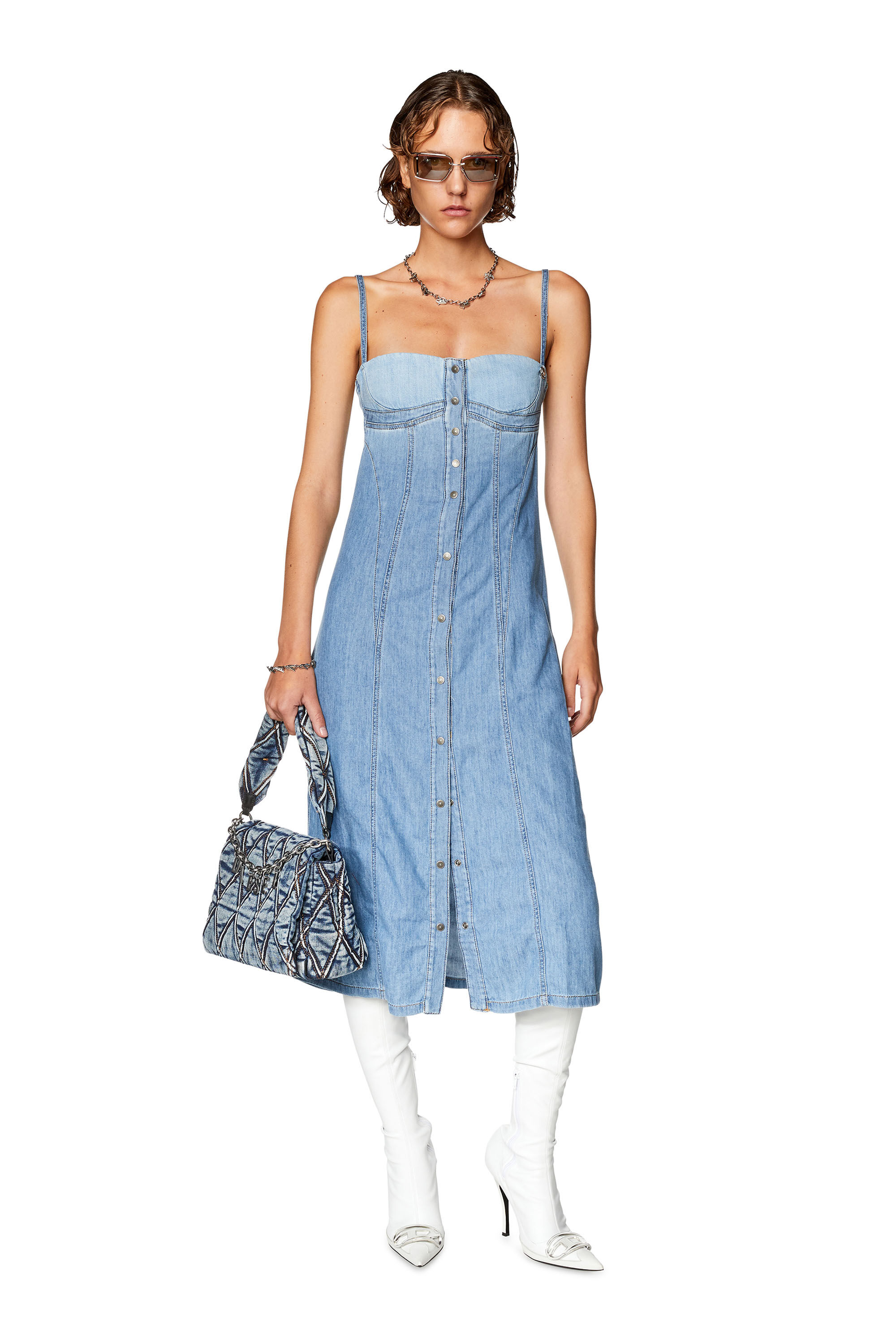 Diesel - DE-DRESSY, Woman Strappy midi dress in fix denim in Blue - Image 1