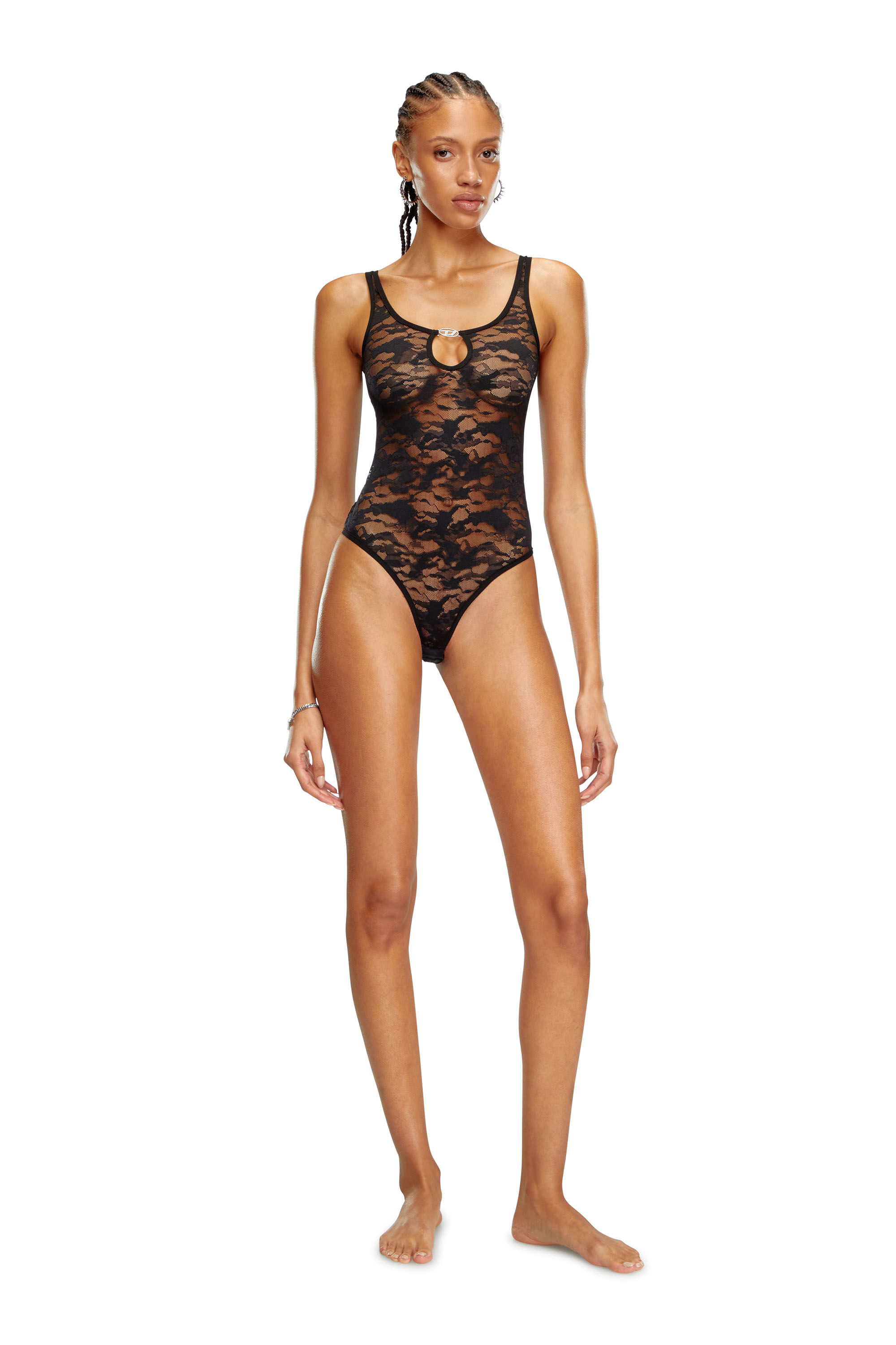 Diesel - UFBY-D-OVAL-LACE-BODYSUIT, Donna Body in pizzo camouflage con placca Oval D in Nero - Image 1