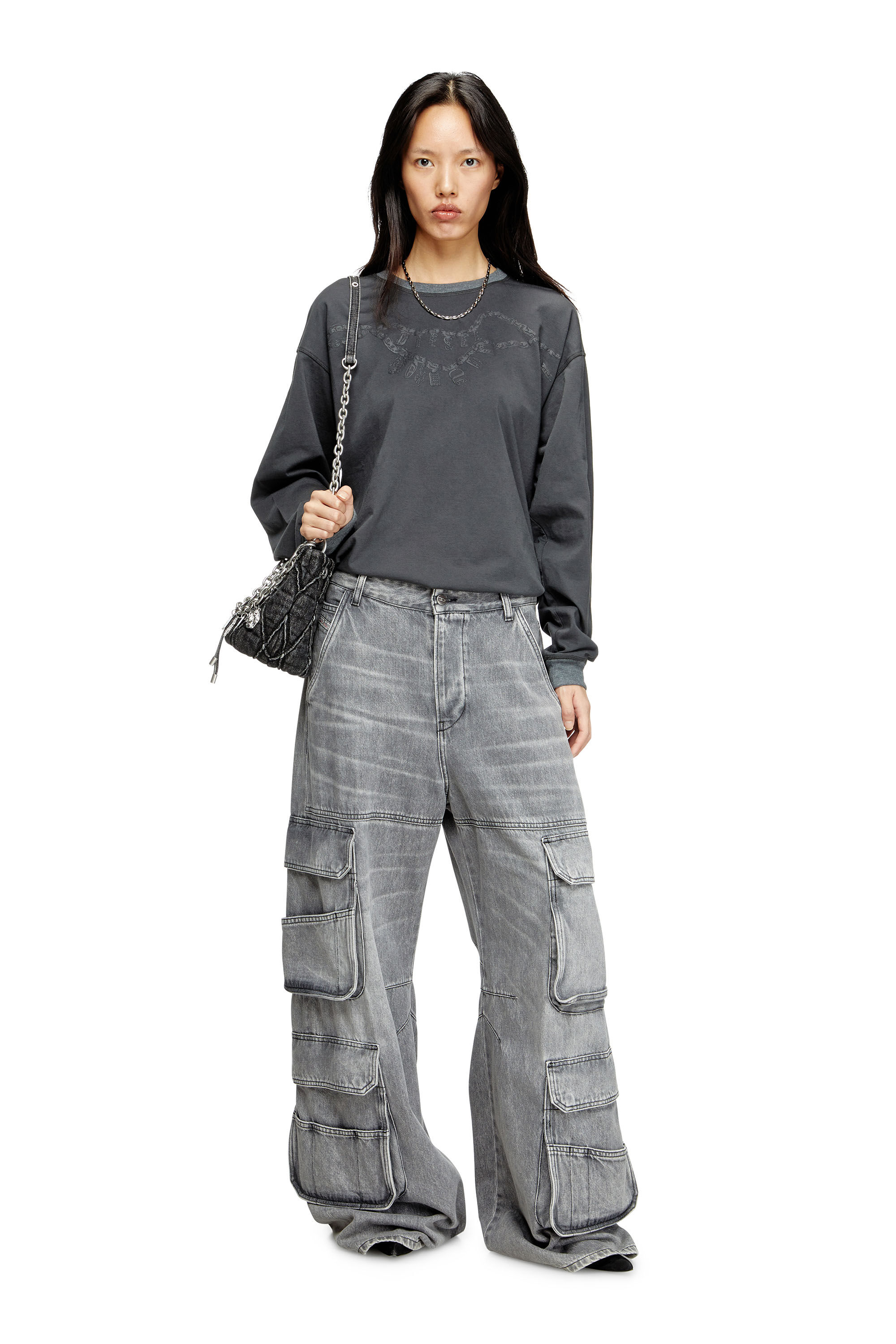 Diesel - T-BOXT-LS-HOSHI, T-shirt a maniche lunghe con stampa collana Unisex in Grigio - 6