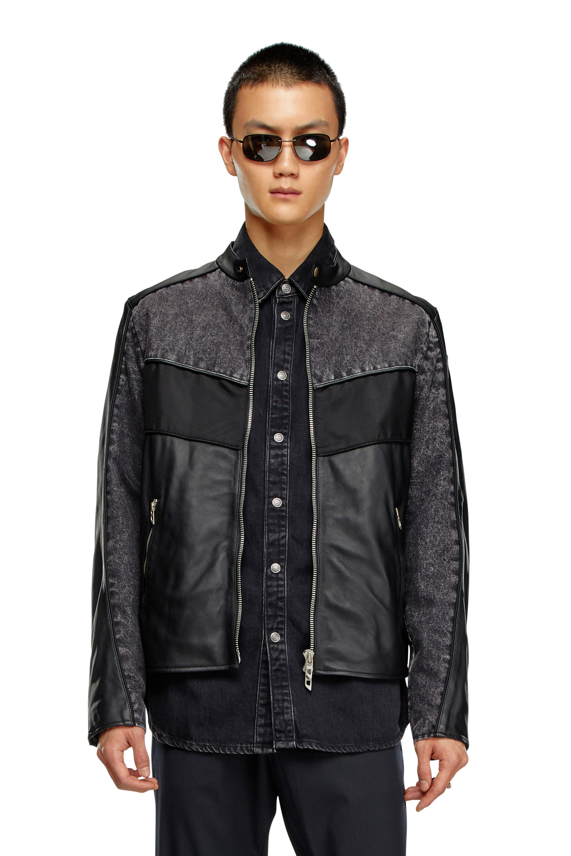 Diesel - L-LEOPOL, Man Denim and shell-panelled leather jacket in Black - Image 3