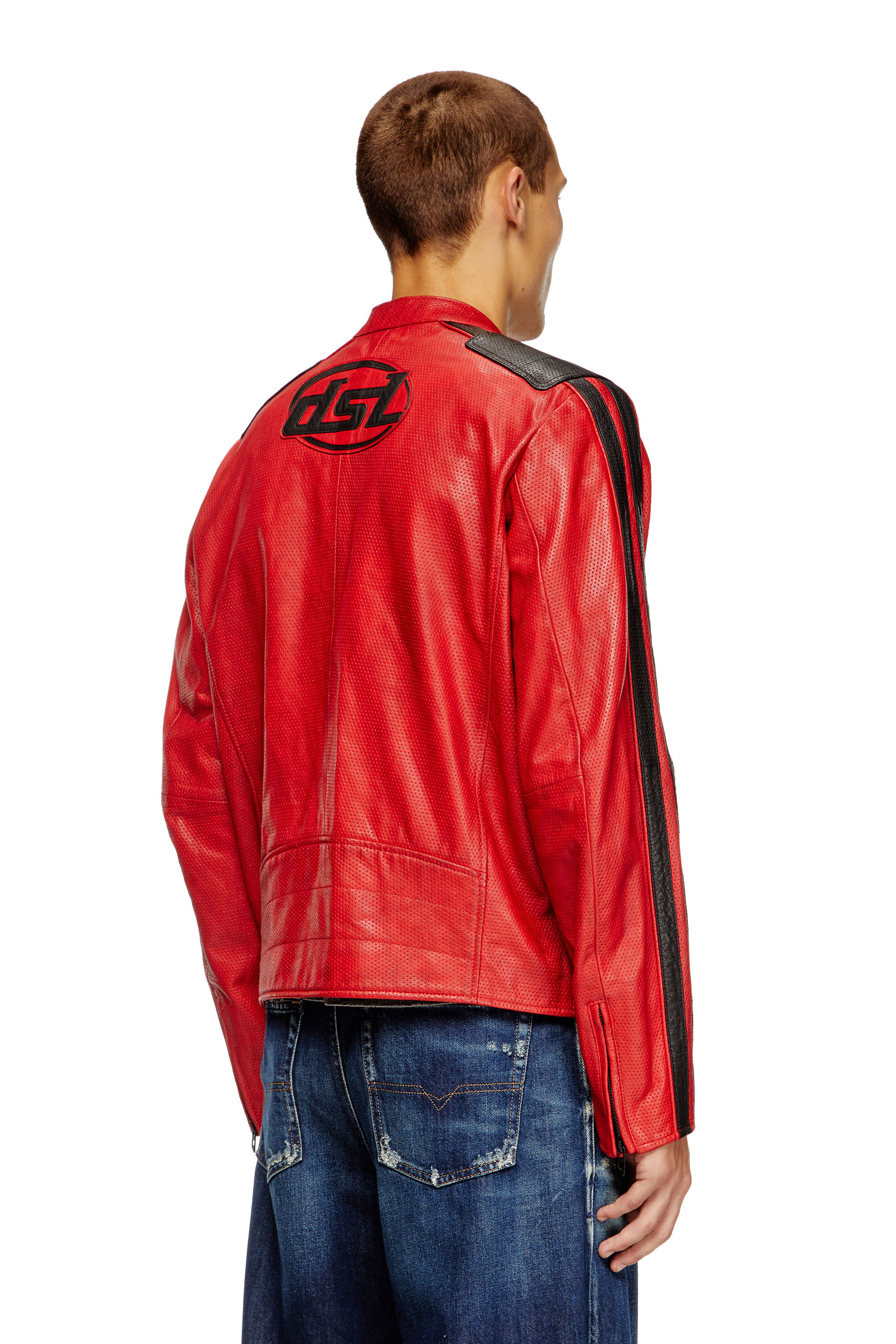 Diesel - L-POP, Giacca biker in pelle traforata Unisex in Rosso - 4