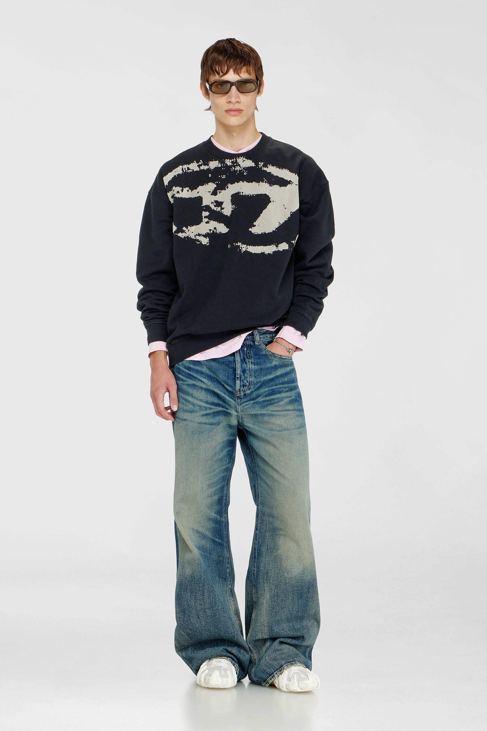 Diesel - S-BOXT-N5, Felpa in cotone con logo Oval D floccato Uomo in Nero - 1