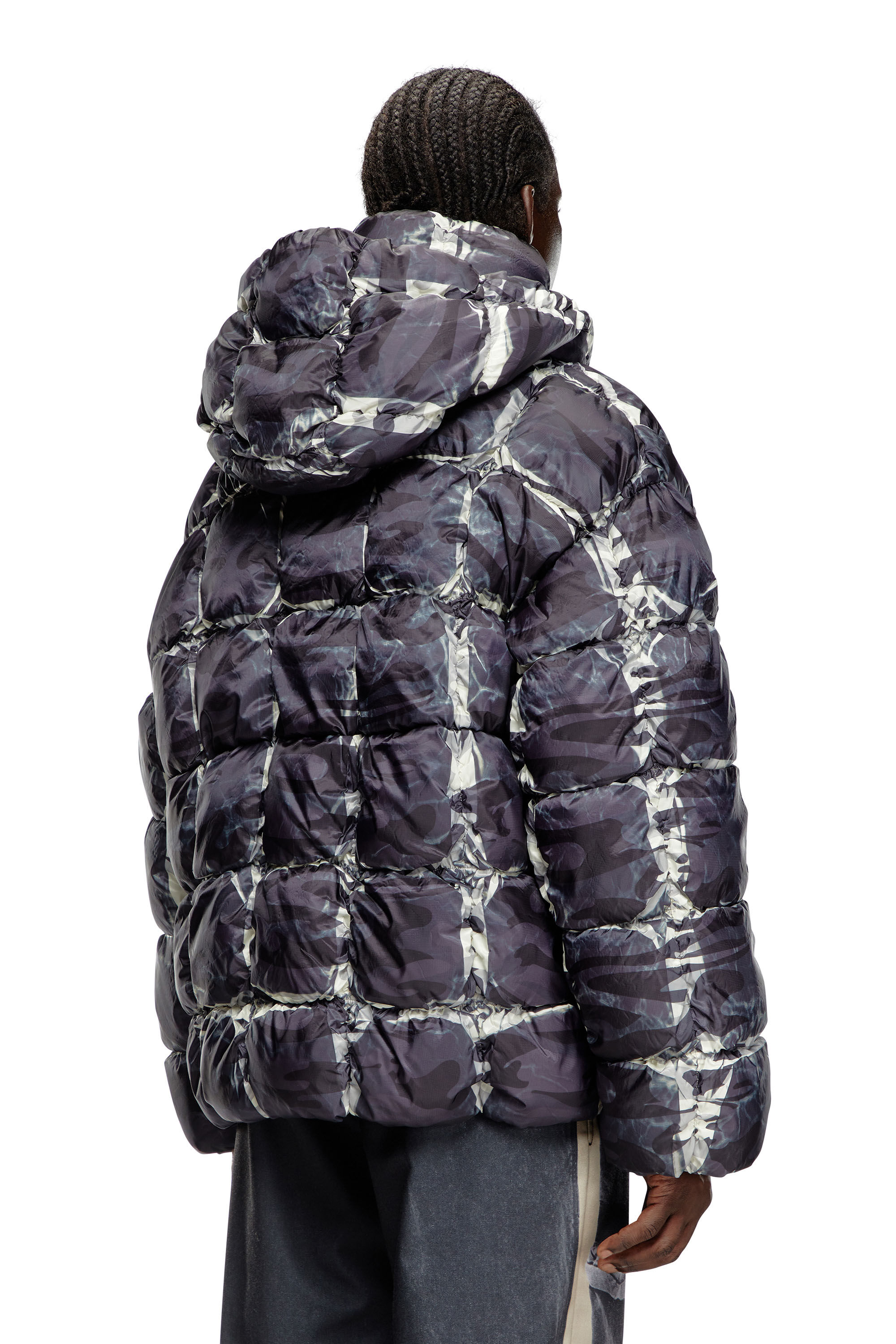Men's Hooded puffer jacket with camo print | Grey | Diesel