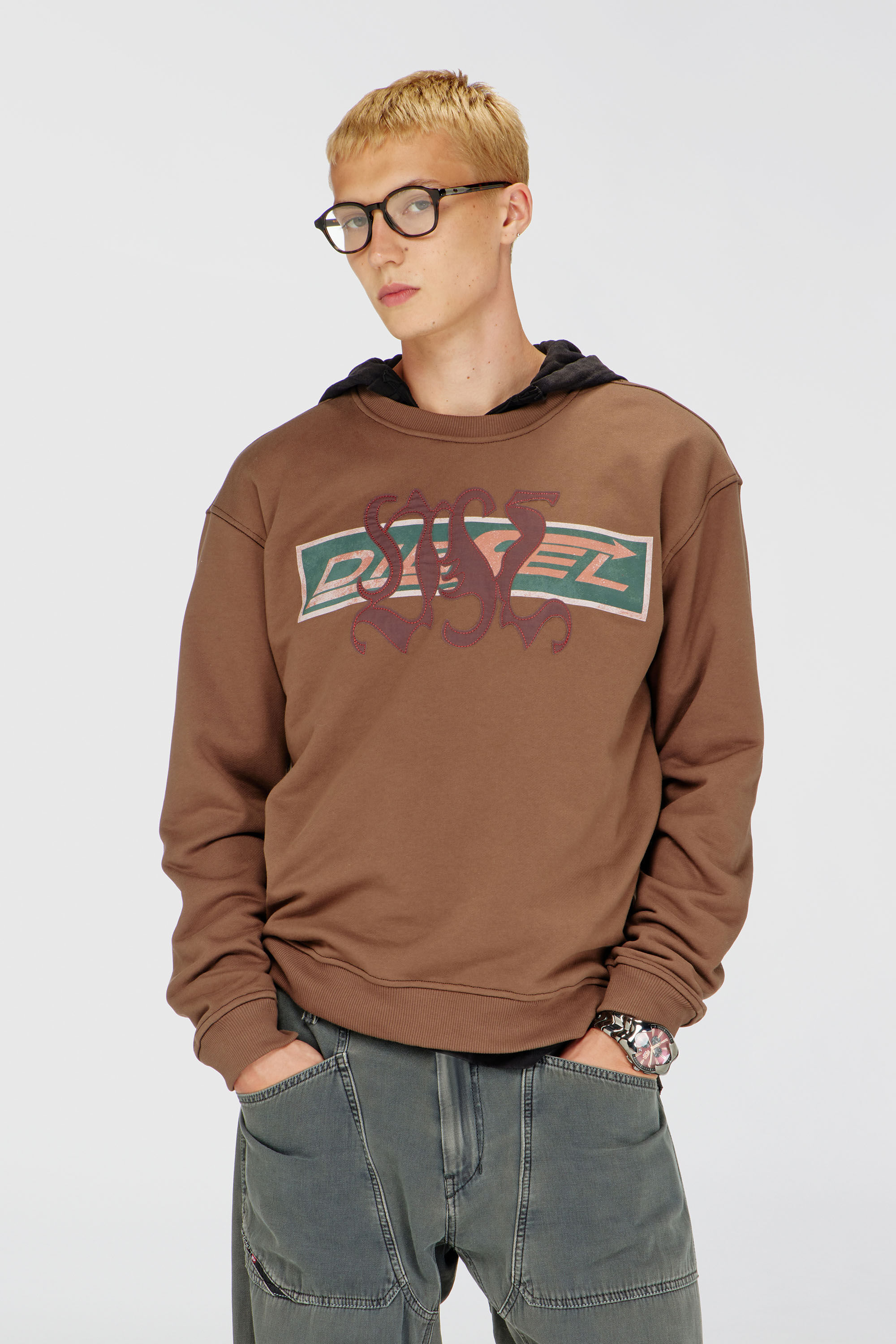 Diesel - S-NORM-AA6, Felpa con stampe grafiche e patch Uomo in Marrone - 3