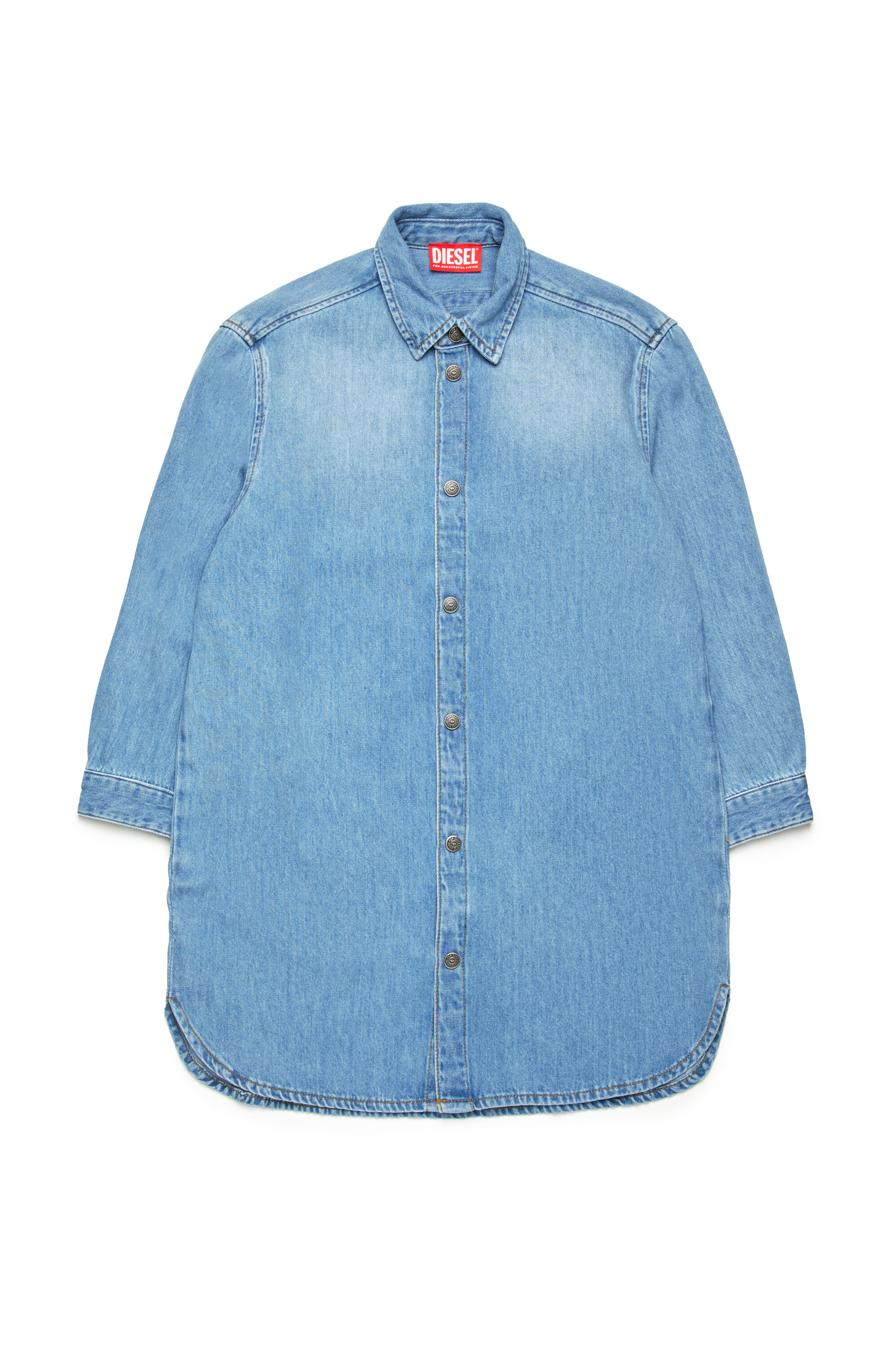 Diesel - DEBBLI, Abito chemisier in denim con logo Oval D sfrangiato Donna in Blu - 1