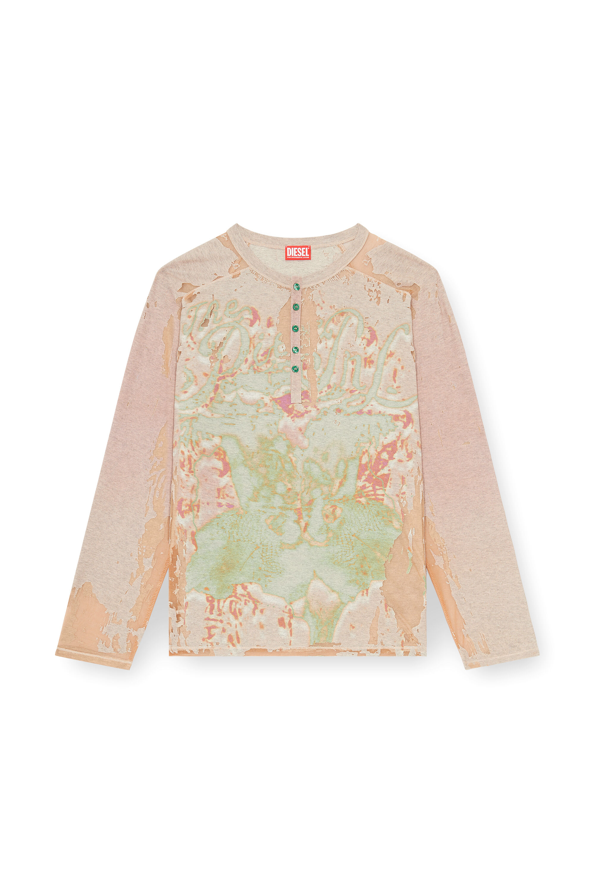 Diesel - T-LIVO-LS, Camicia henley in jersey d&eacute;vor&eacute; stampato Uomo in Beige - 2