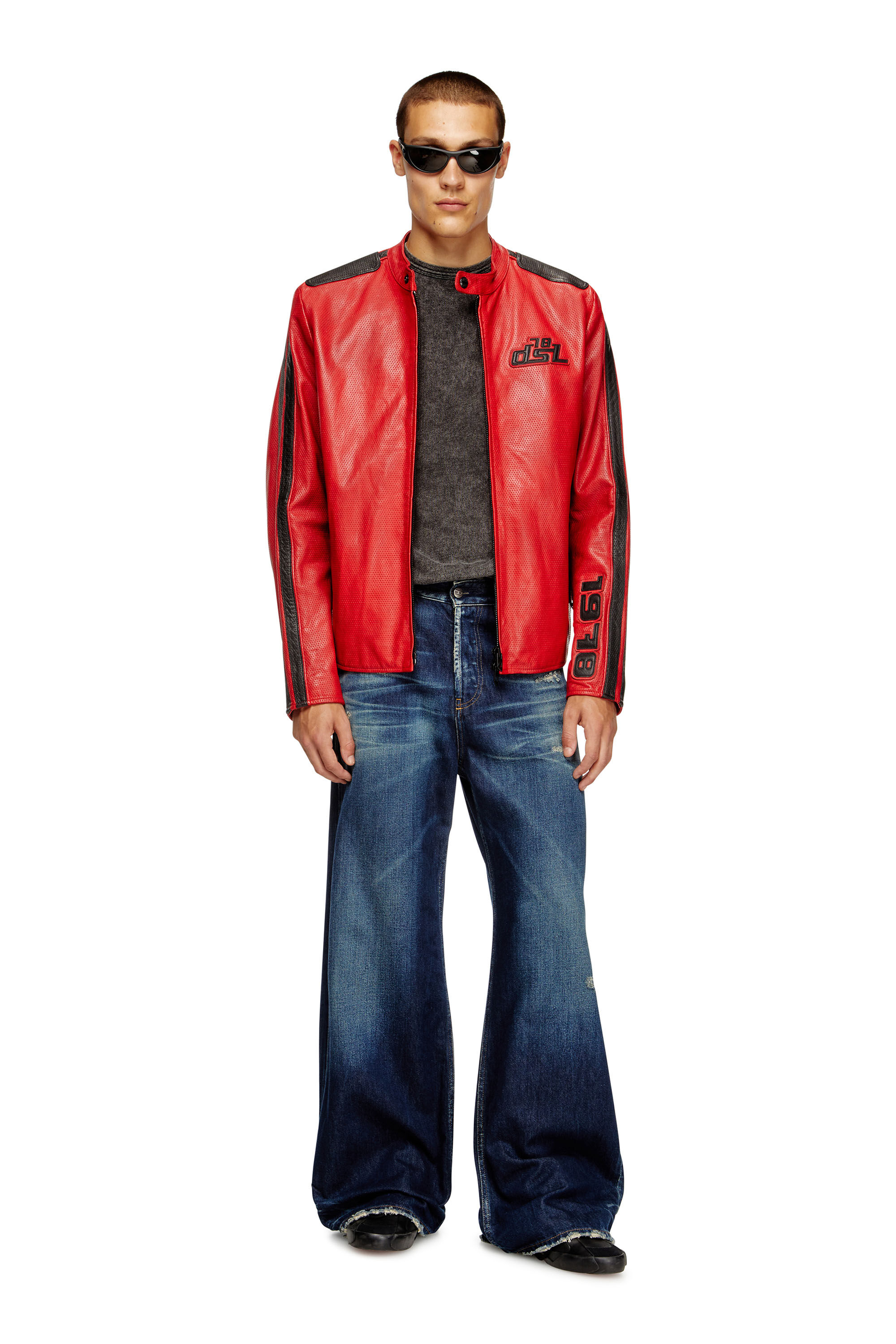 Diesel - L-POP, Giacca biker in pelle traforata Unisex in Rosso - 1