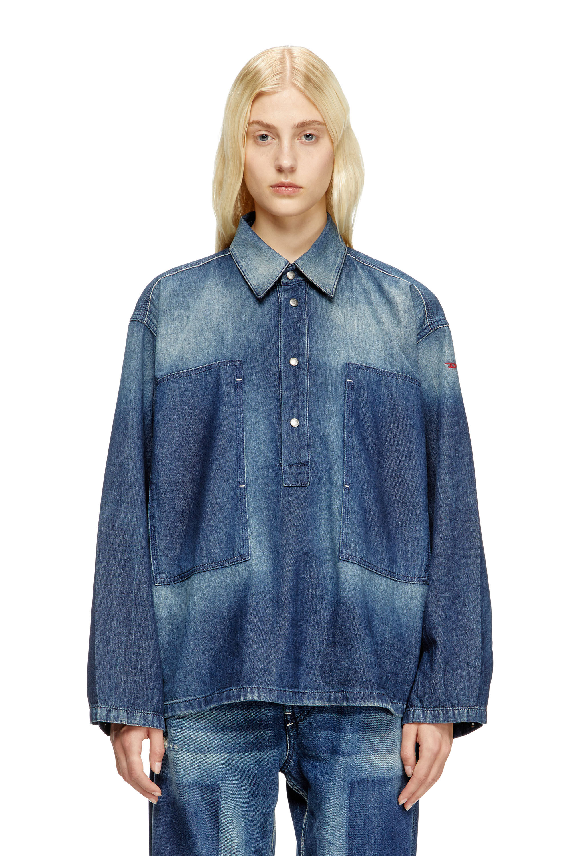 Diesel - DE-PRISS, Top Henley in denim a contrasto Donna in Blu - 2