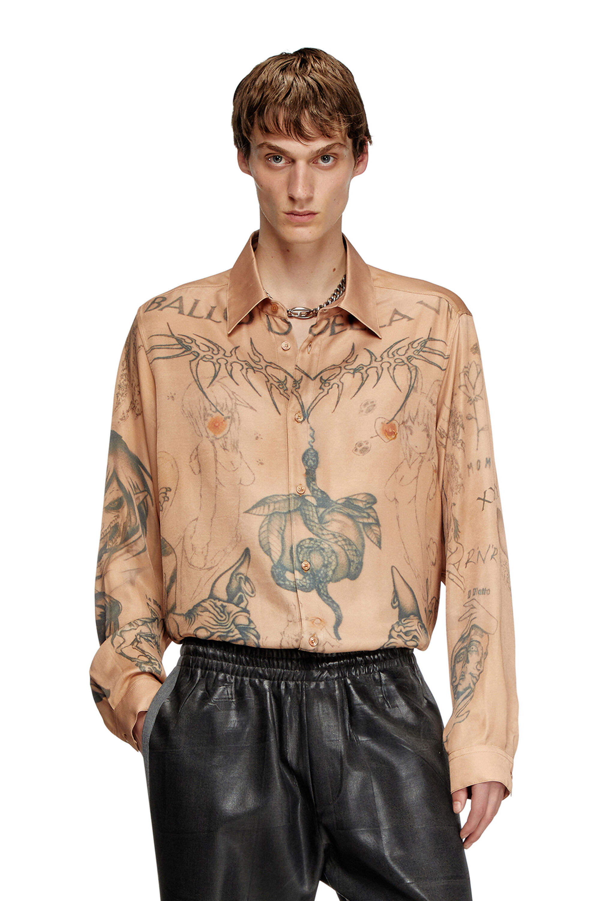 Camicia in raso con stampa tattoo Donna | Beige | Diesel Camicia in raso con stampa tattoo Donna | Beige | Diesel
