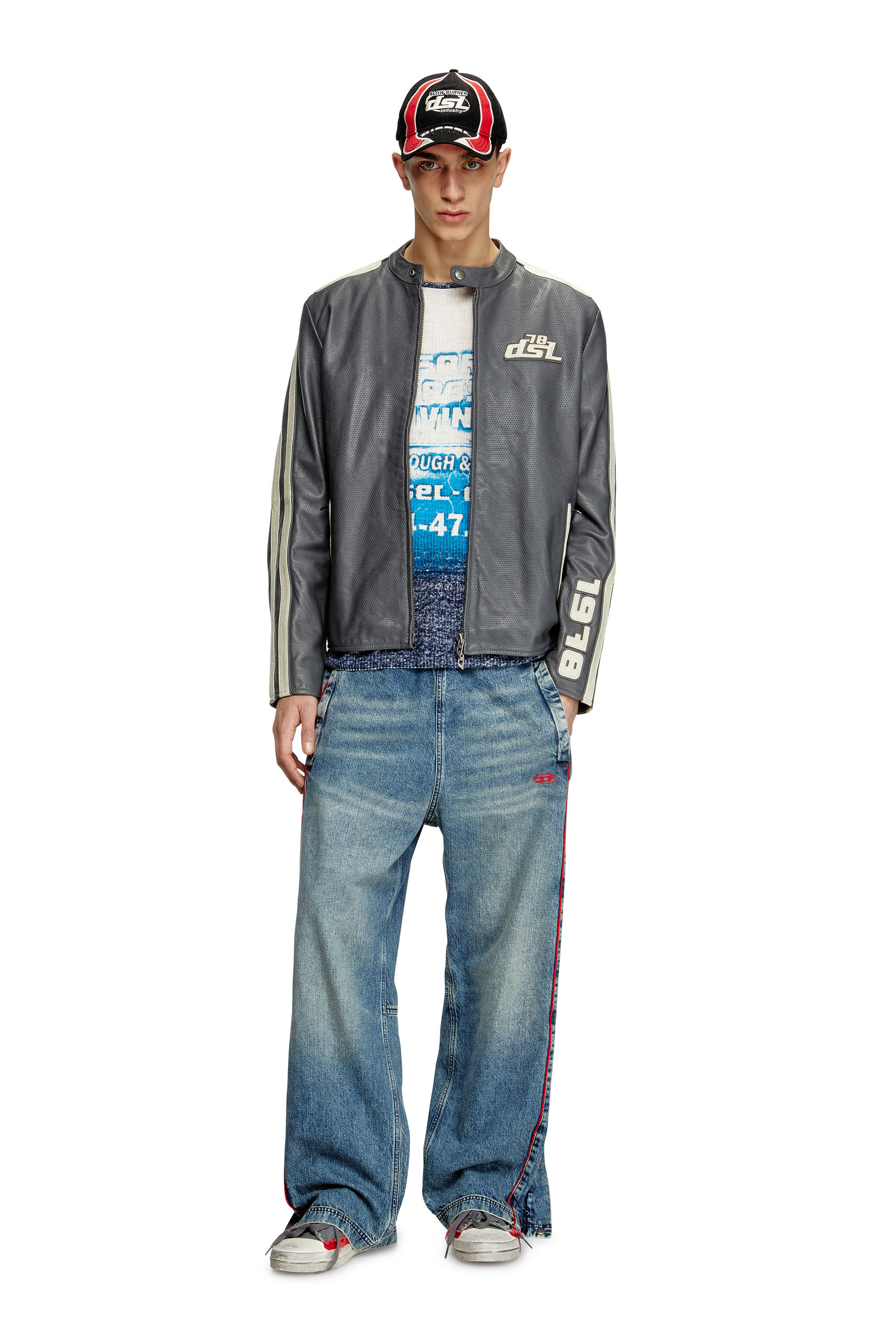 Diesel - L-POP, Giacca biker in pelle traforata Unisex in Grigio - 1