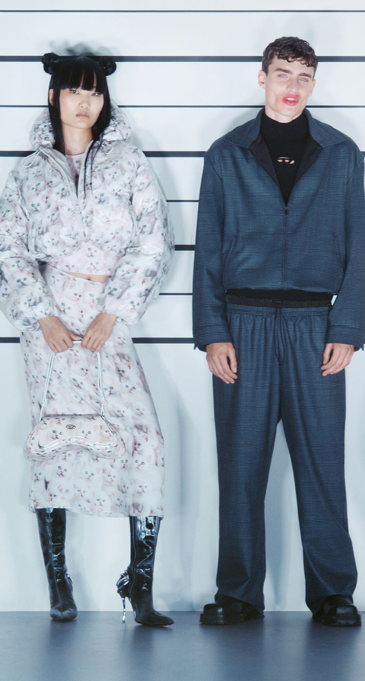 Immagine di persone che indossano look della collezione Diesel Autunno Inverno 2025.