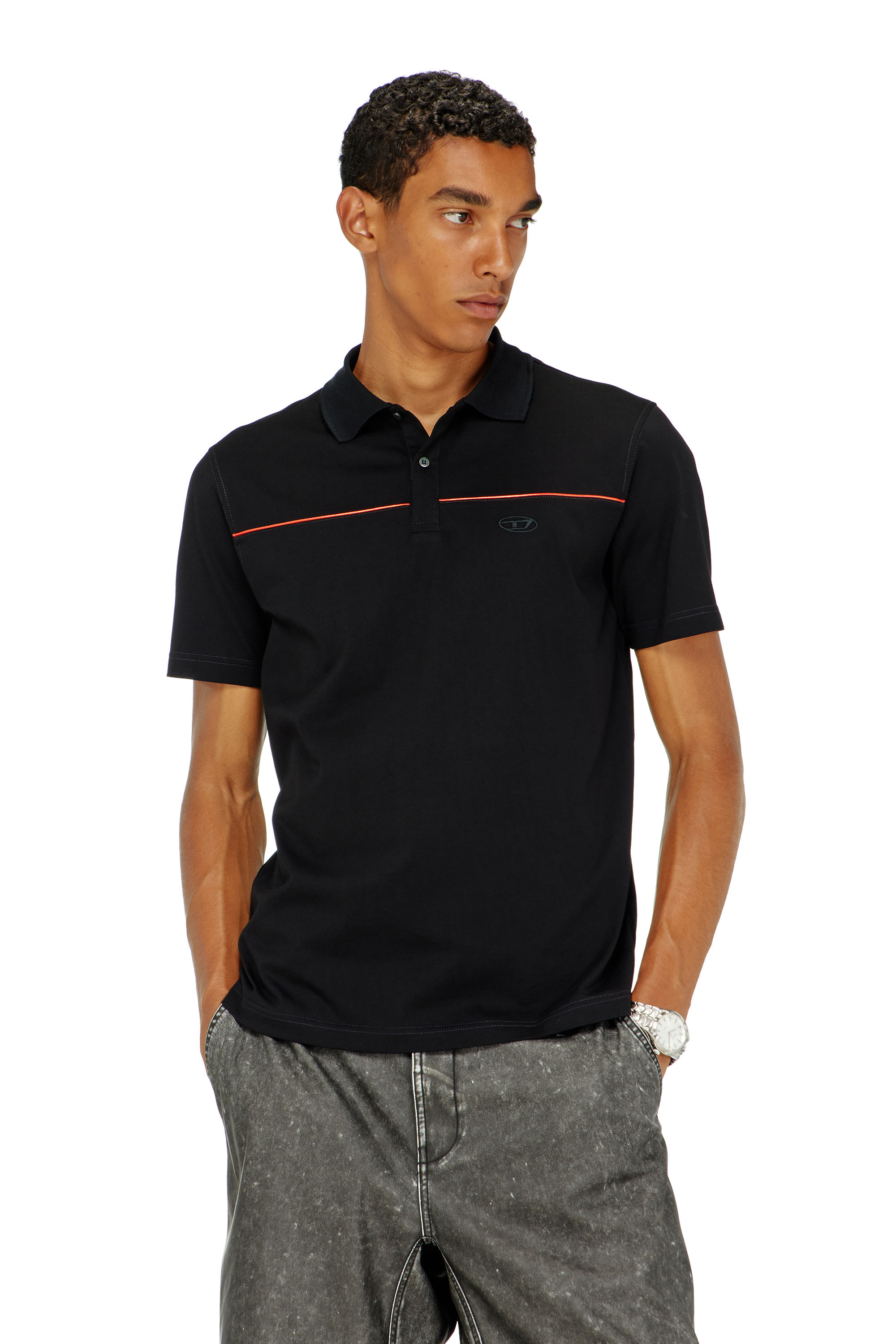 Diesel - T-REJUST-PIPING, Polo con profili a contrasto Uomo in Nero - 1