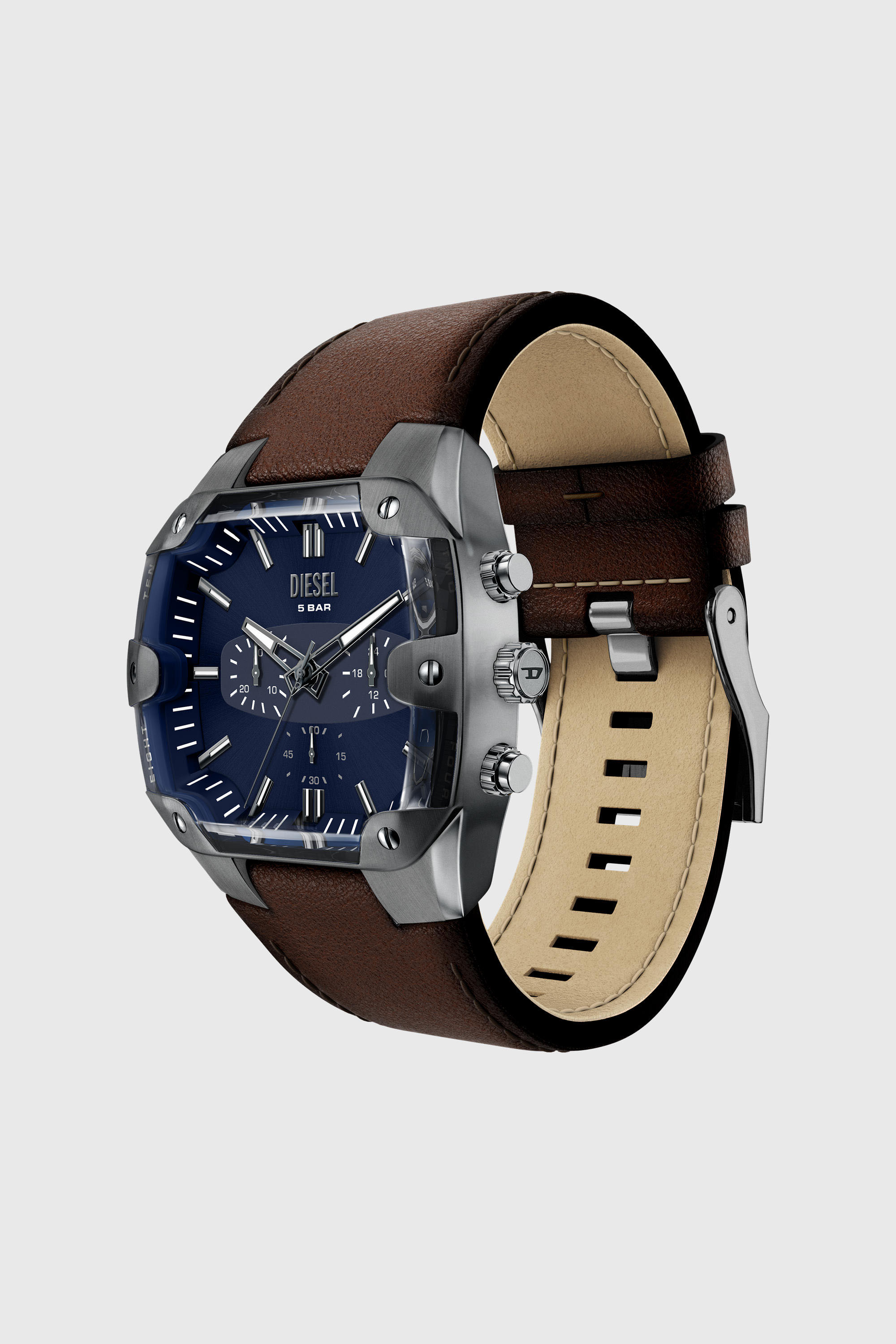 Diesel - DZ4737 WATCH, Orologio Spiked Cushion con cinturino in pelle marrone Uomo in Marrone - 5