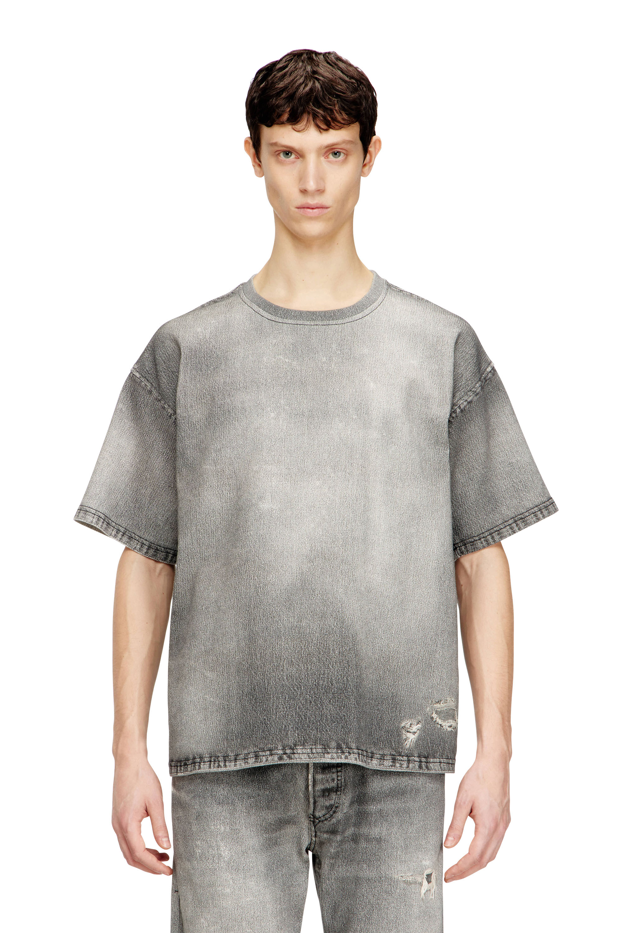 Diesel - D-BOX JOGG, T-shirt in denim con effetto trattato trompe l'oeil Uomo in Grigio - 1