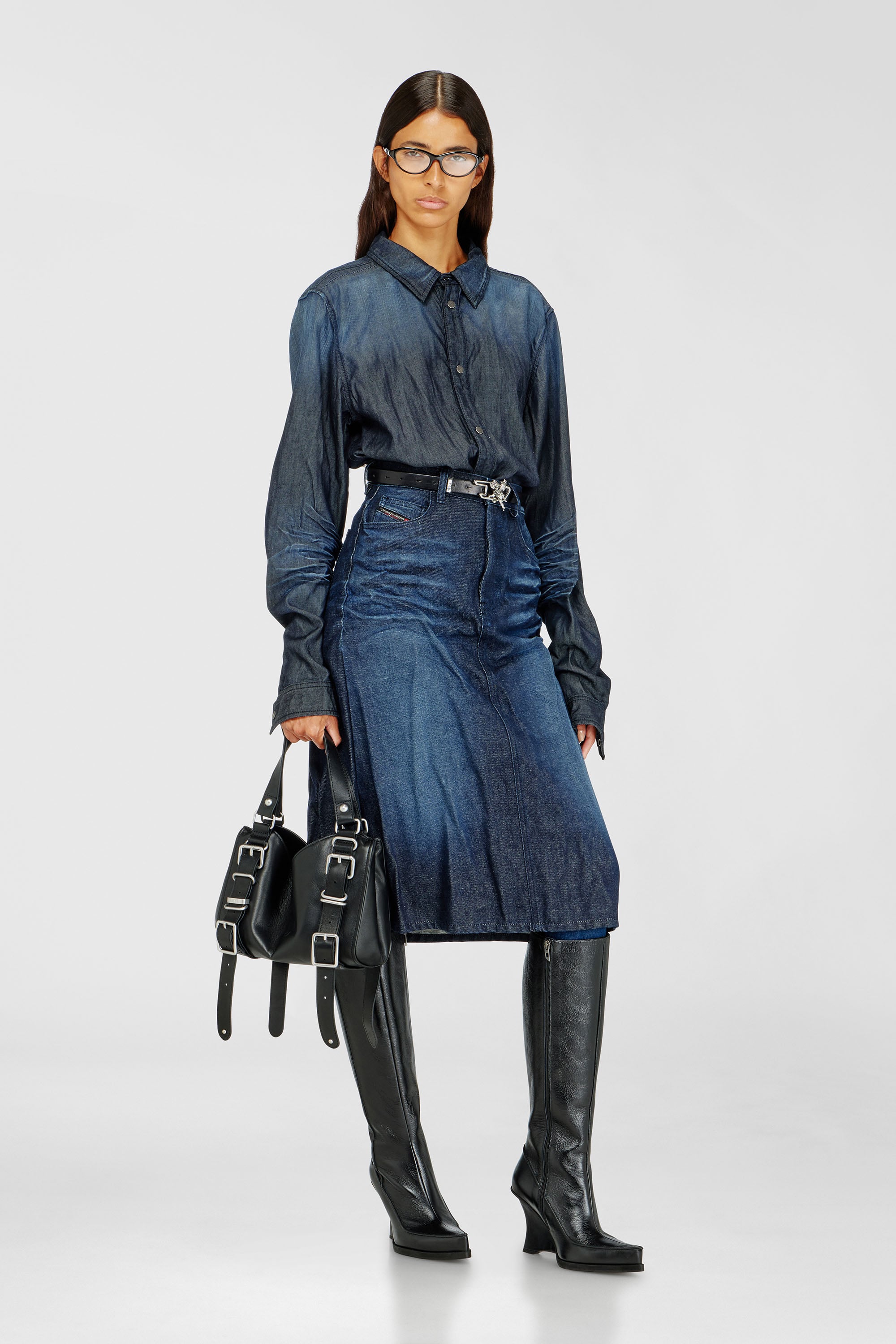 Diesel - DE-IRTI-FSJ, Gonna midi in denim effetto stropicciato Donna in Blu - 1