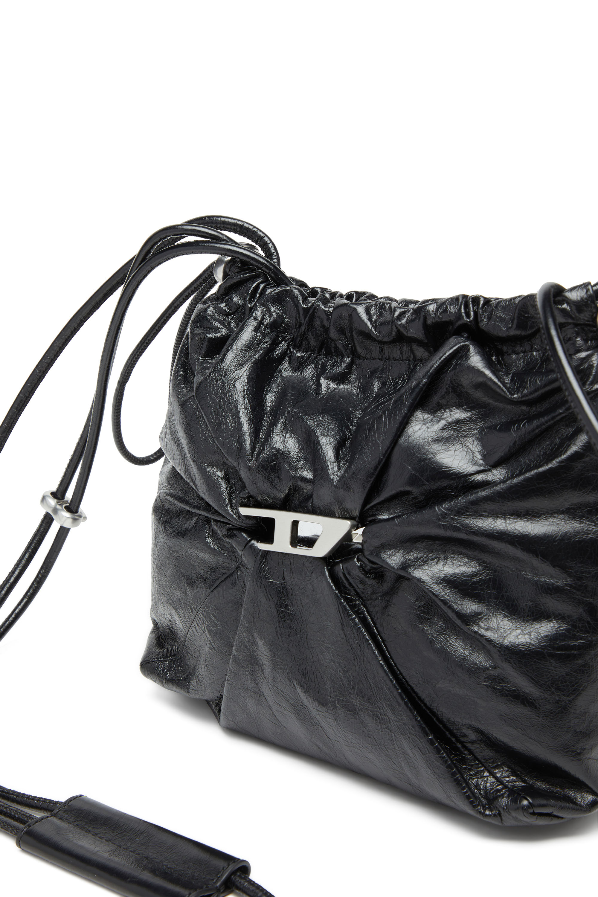 Diesel - SCRUNCH-D BUCKET, Scrunch-D-Borsa bucket in pelle lucida stropicciata Donna in Nero - 5