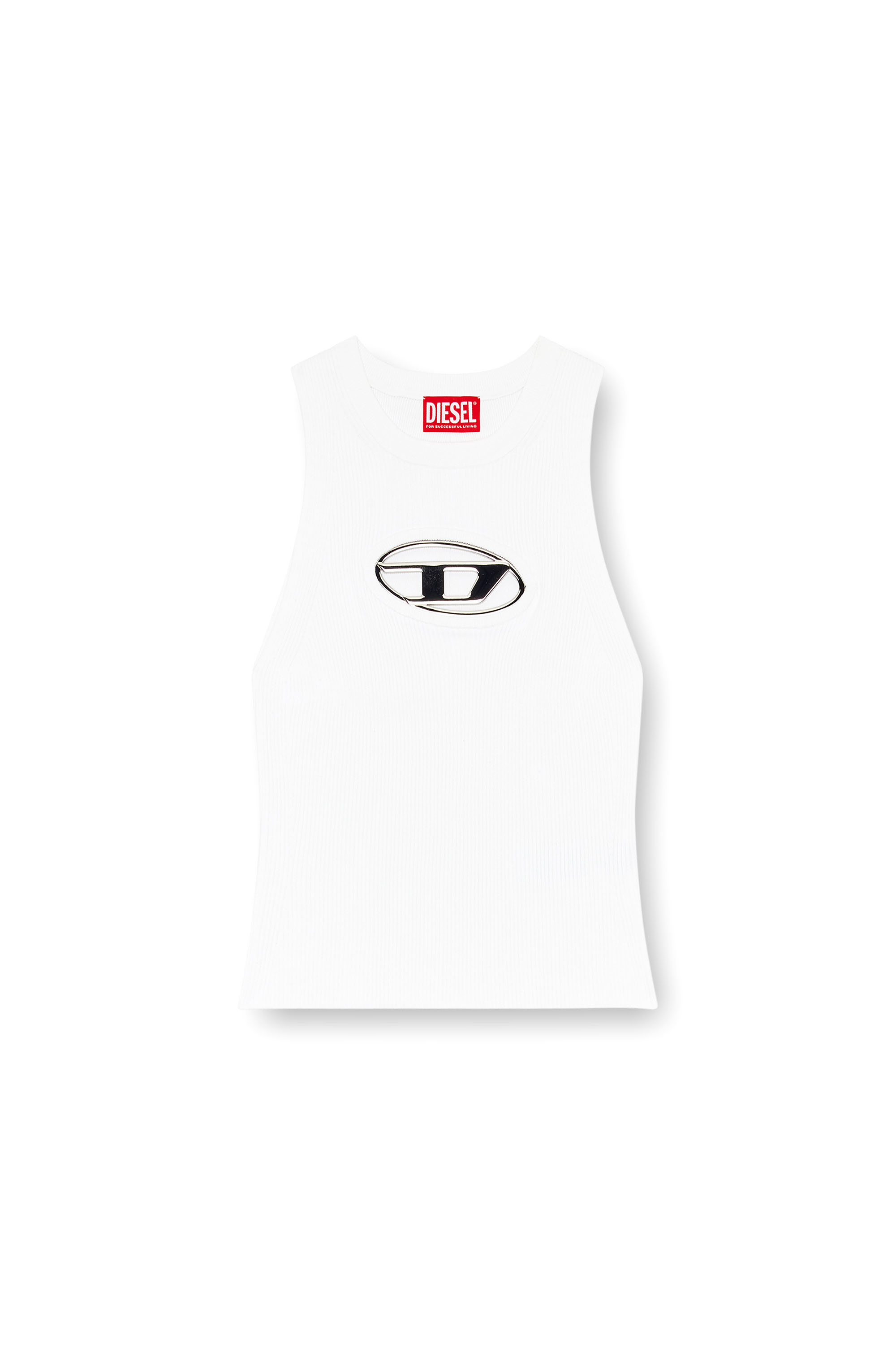 Diesel - M-ONERVA-TOP, Top in maglia con apertura riempita e logo in metallo Donna in Bianco - 2