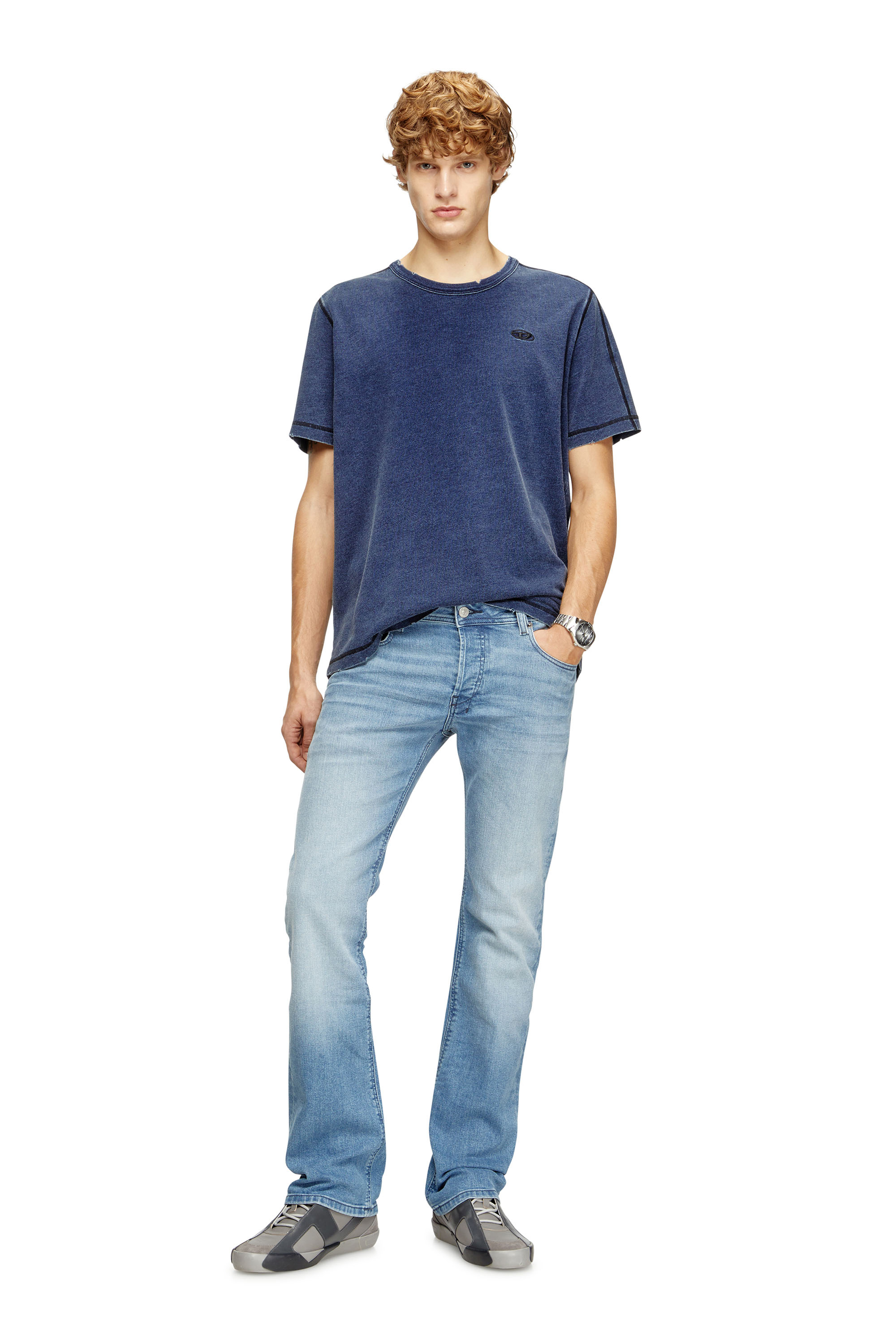 Diesel - T-ADJIND-NEW, T-shirt distressed effetto denim Uomo in Blu - 1