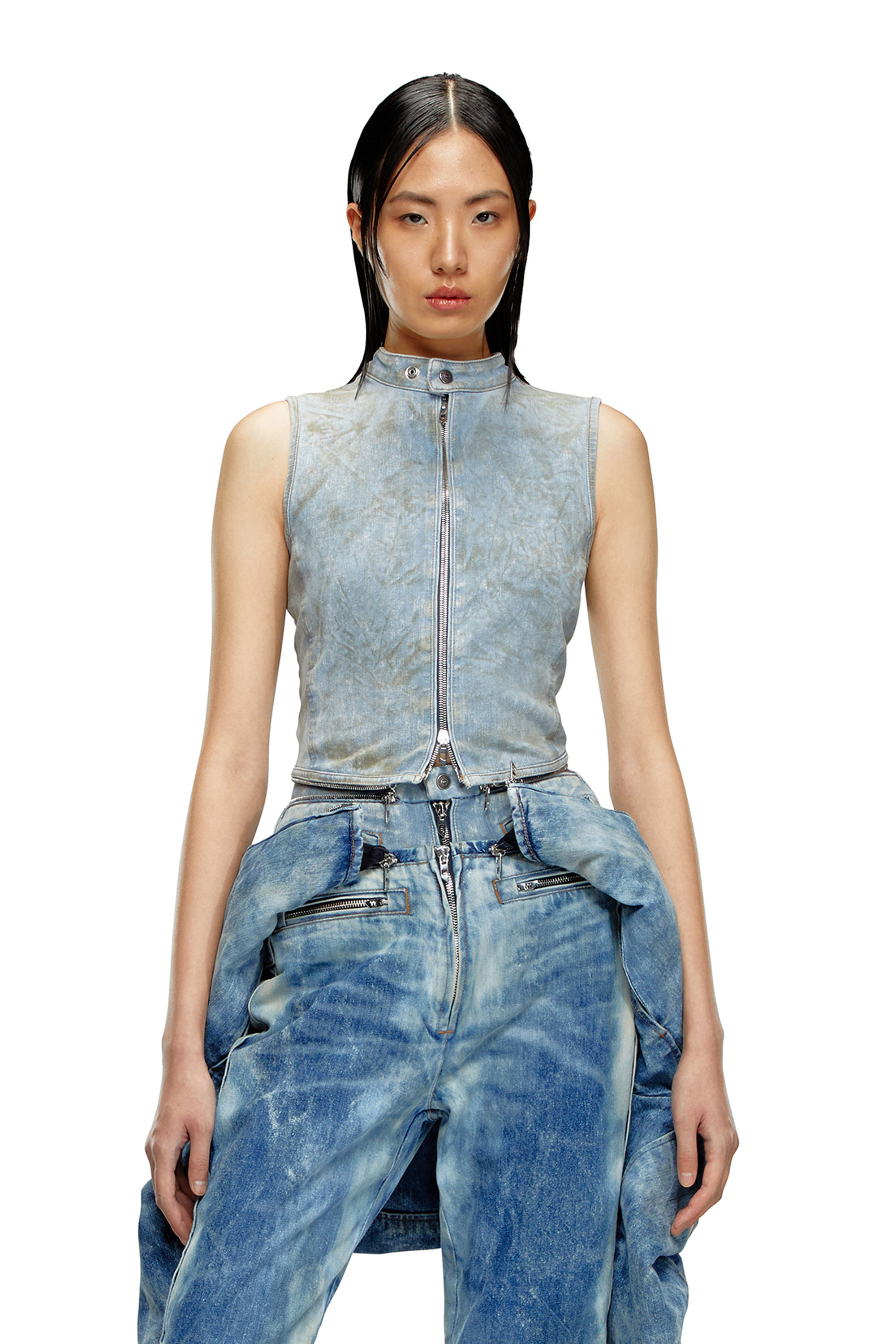 Diesel - DE-NATA-FSE, Top second-skin in denim con dettagli biker Donna in Blu - 3
