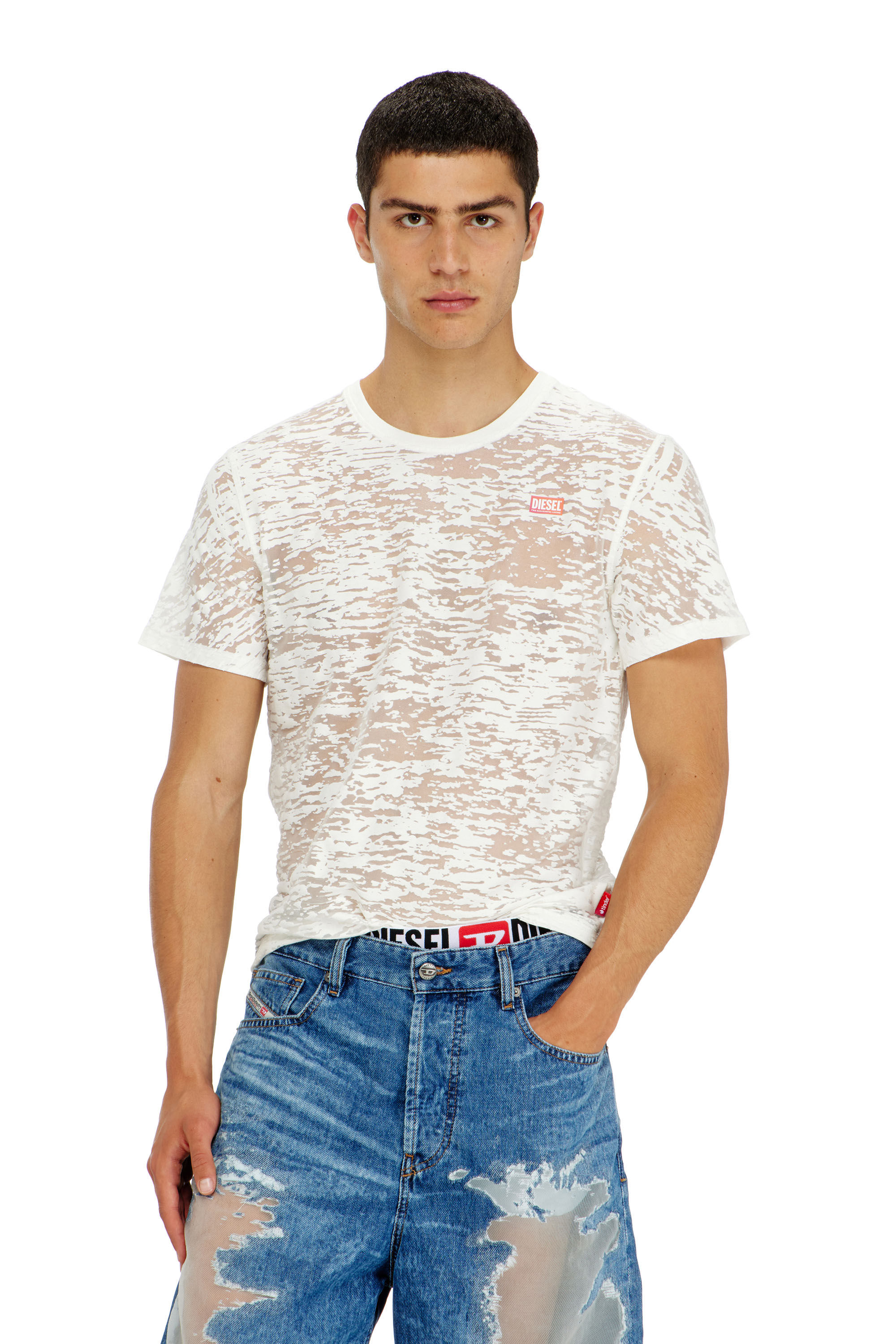 Diesel - PR-T-NOTS-MATI-R, T-shirt in jersey devor&eacute; all-over Unisex in Bianco - 1
