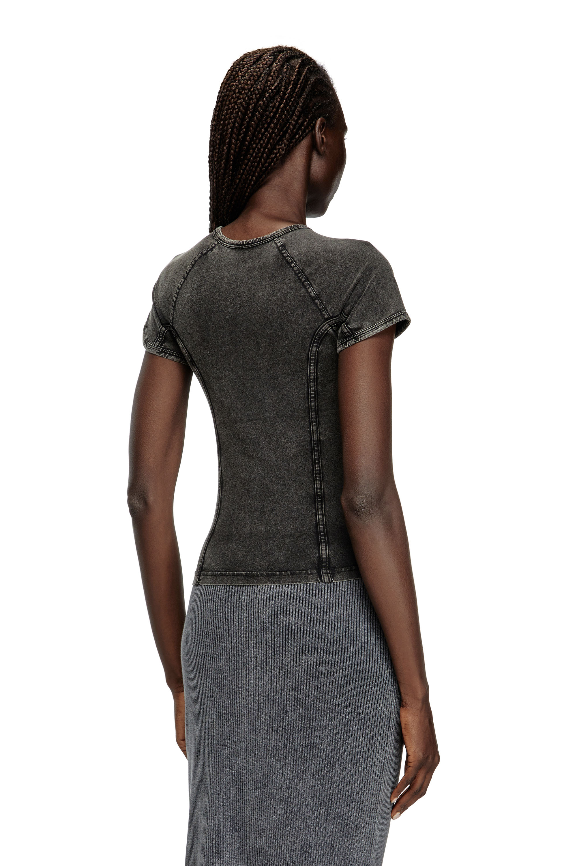 Diesel - T-LYNNE, Top in jersey stretch effetto denim Donna in Nero - 4