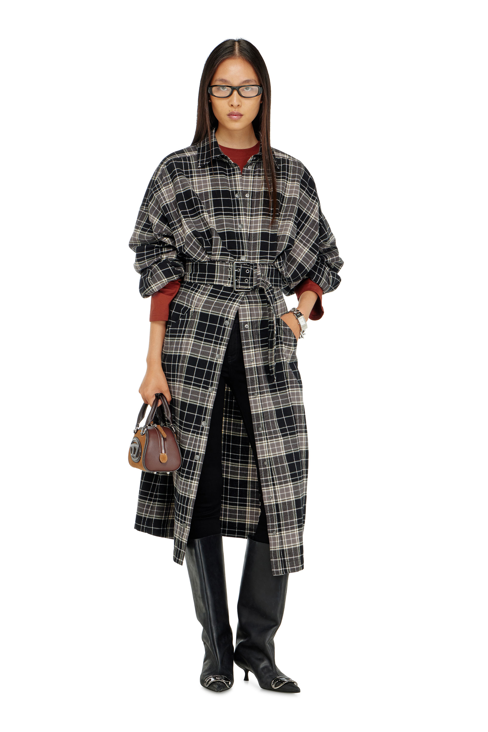 Diesel - D-EDALUS, Abito midi in flanella a quadri con cintura wide Donna in Multicolor - 1