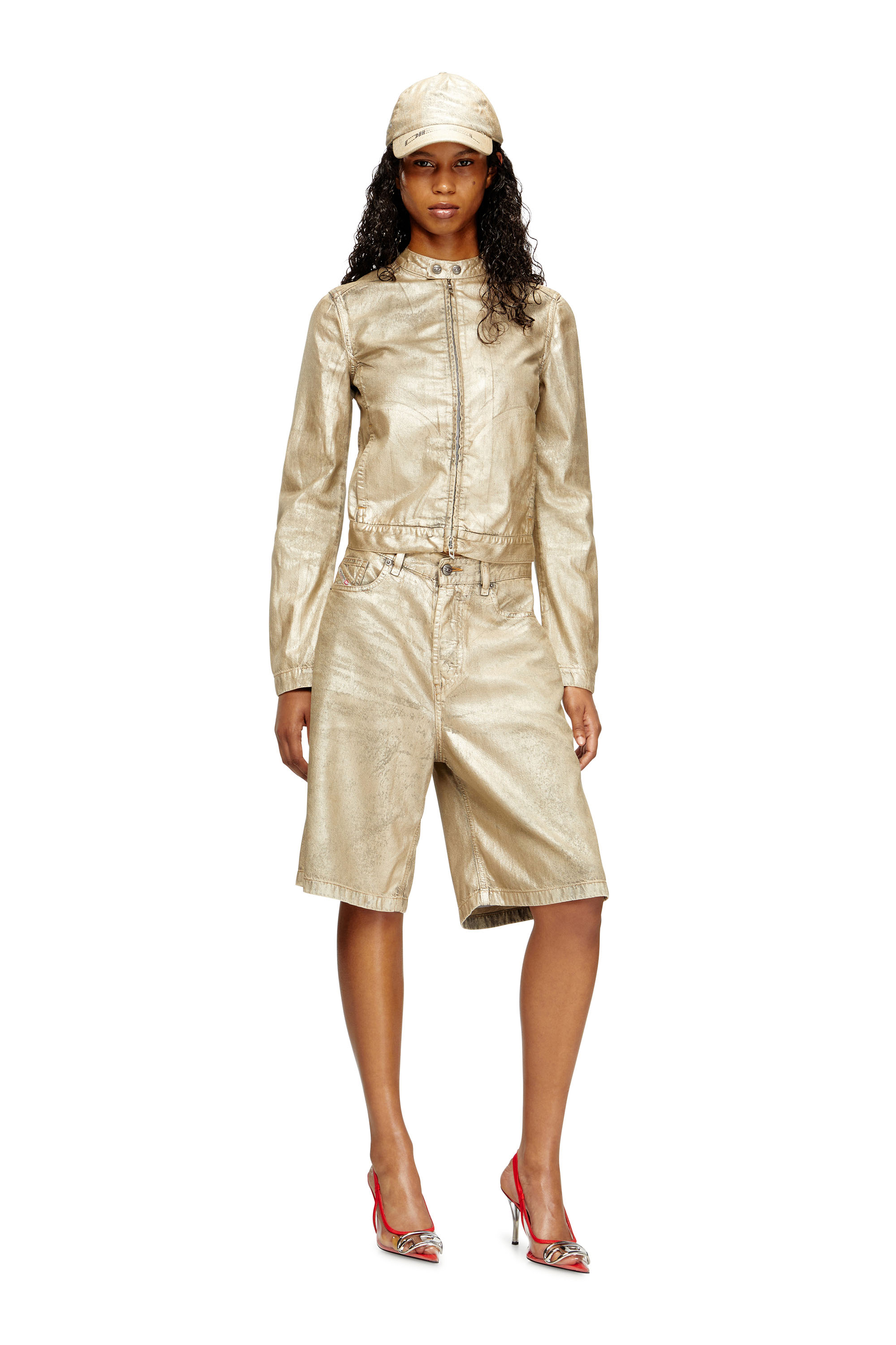 Diesel - DE-MORNIN-KG, Giacca moto in denim distressed metallizzato Donna in Oro - 2