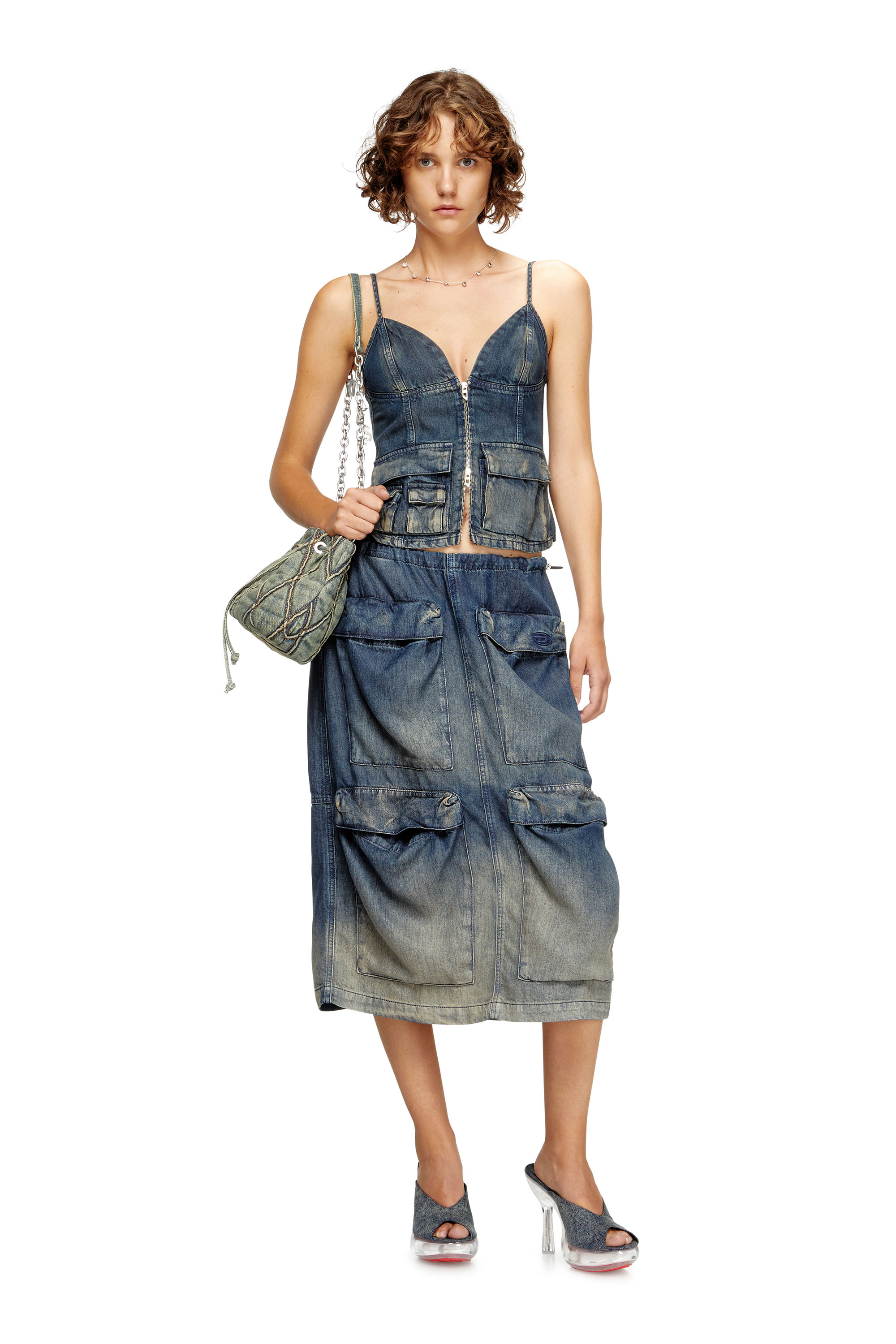 Diesel - DE-MEGI-S, Gonna midi in denim fluido dégradé Donna in Blu - 2