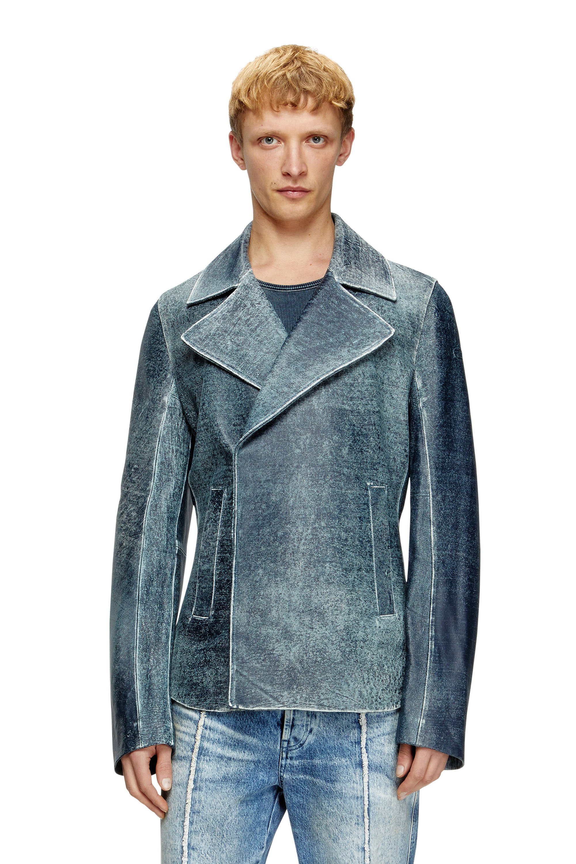 Diesel - L-WERNER, Giacca in pelle con lavaggio denim Uomo in Blu - 1