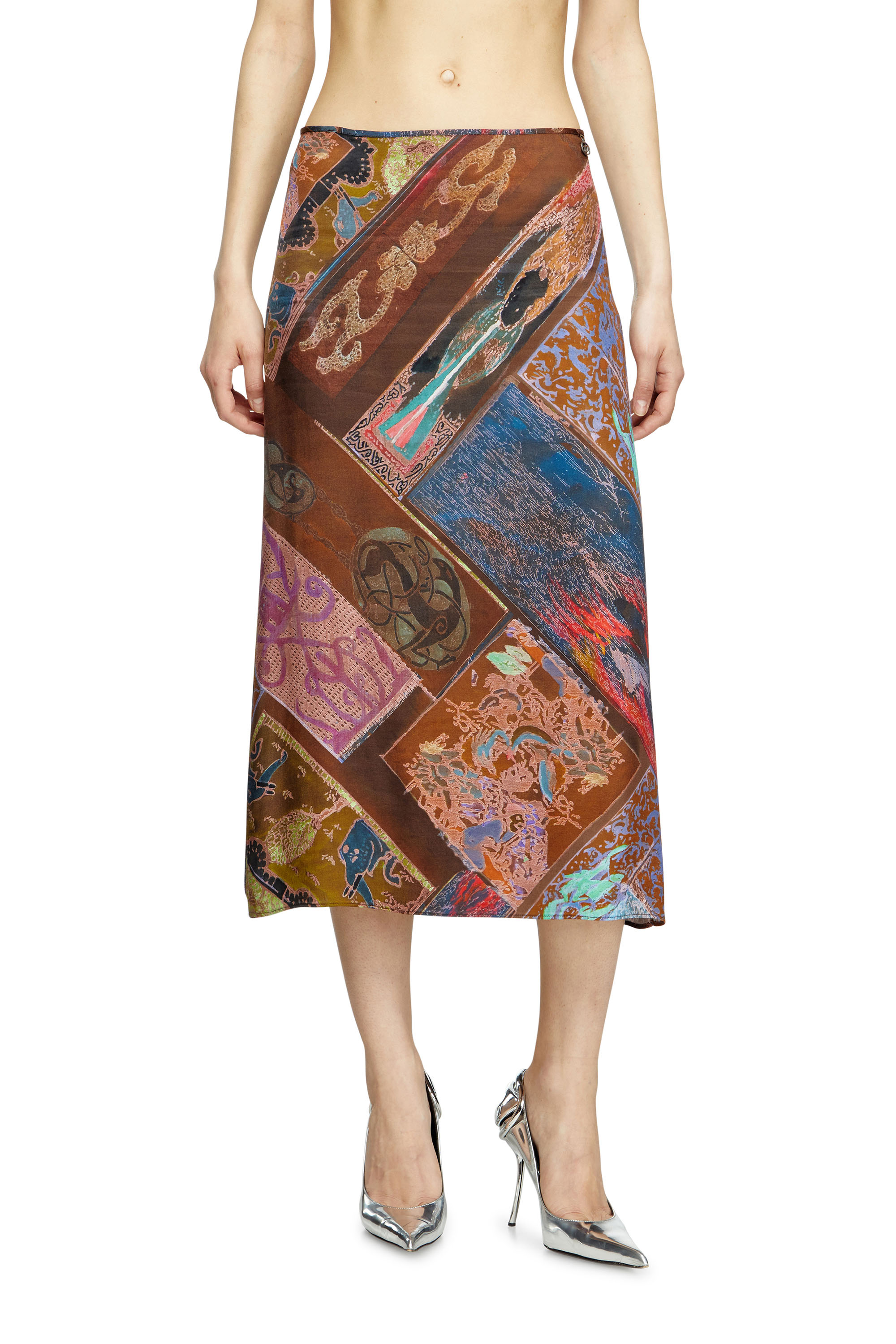 Diesel - O-RCHID, Gonna midi in viscosa con stampa araldica Donna in Marrone - 1