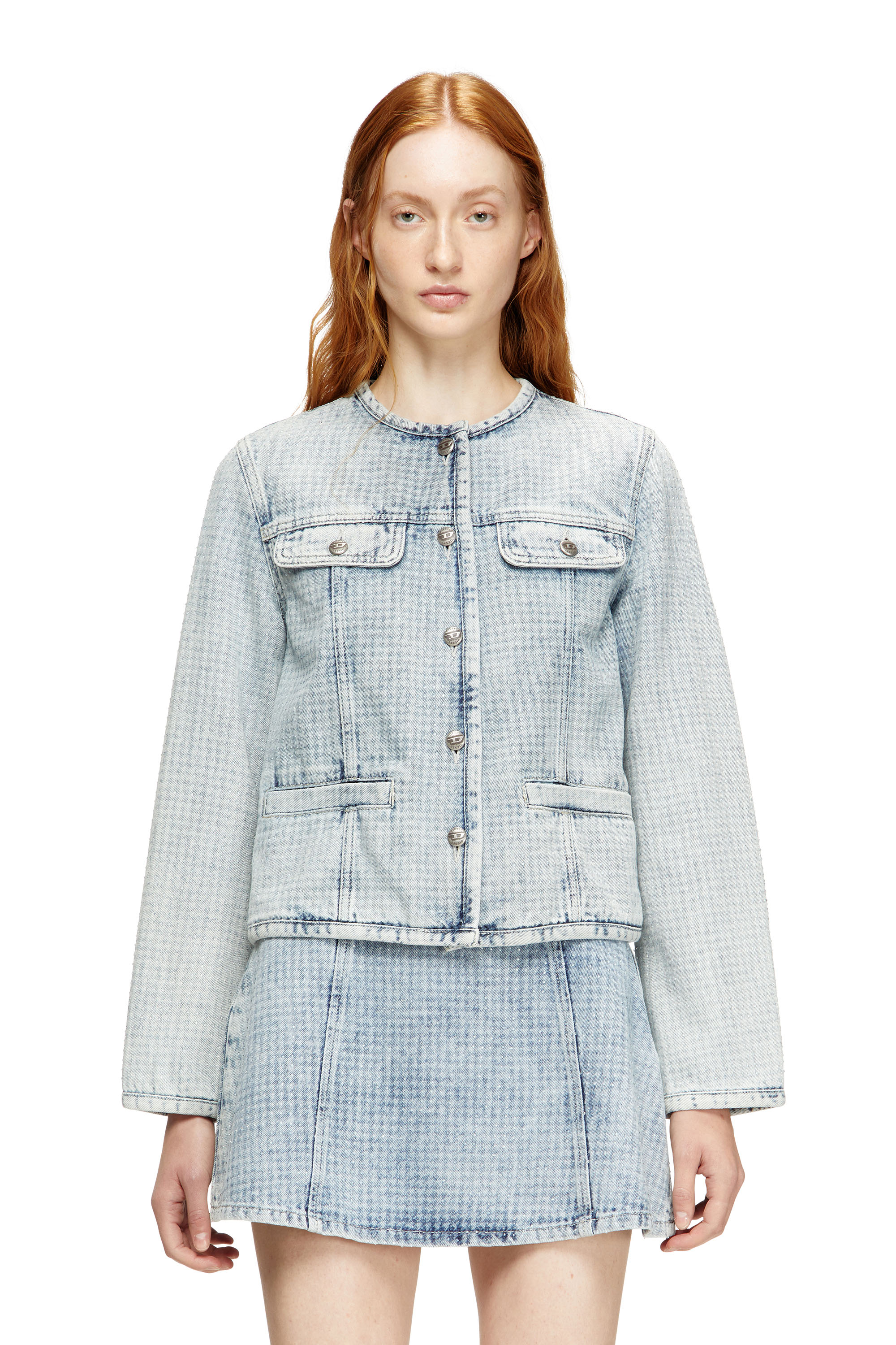 Diesel - DE-GRAFY-S, Giacca in denim con motivo grafico e cristalli Donna in Blu - 1