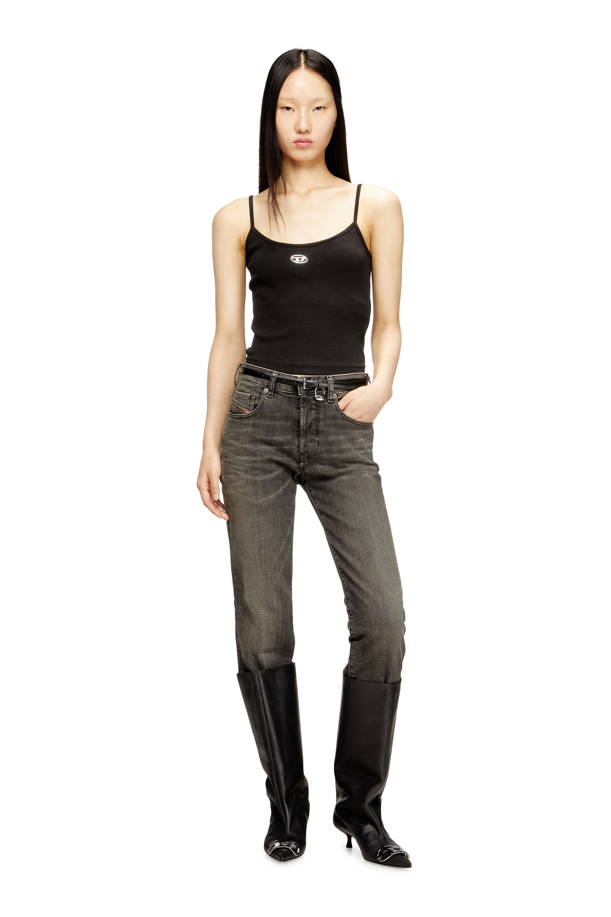 Diesel - T-HUPY-OD, Top a costine con Oval D metallizzato Donna in Nero - 2