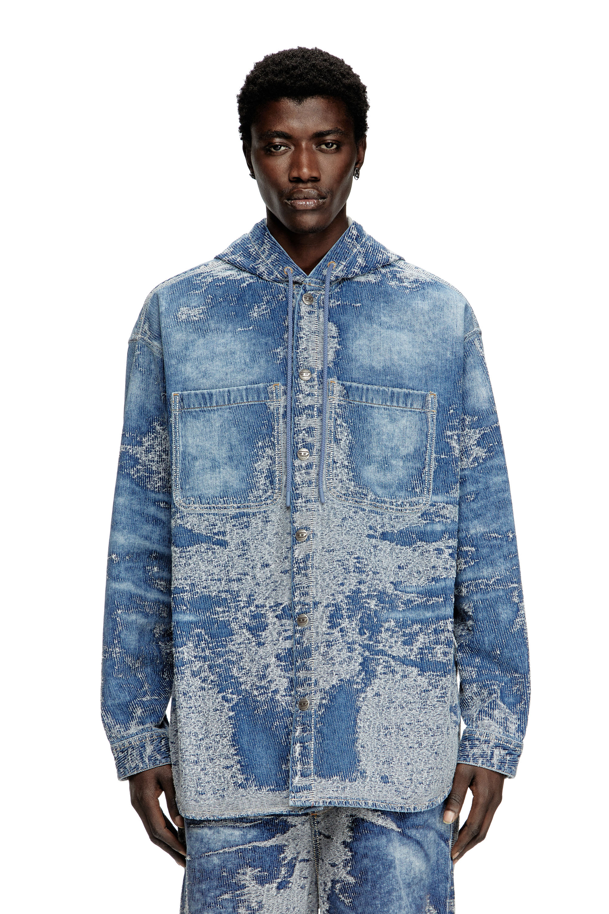 Diesel - D-DEWNYS-HOOD-S, Overshirt in denim jacquard distressed Uomo in Blu - 5