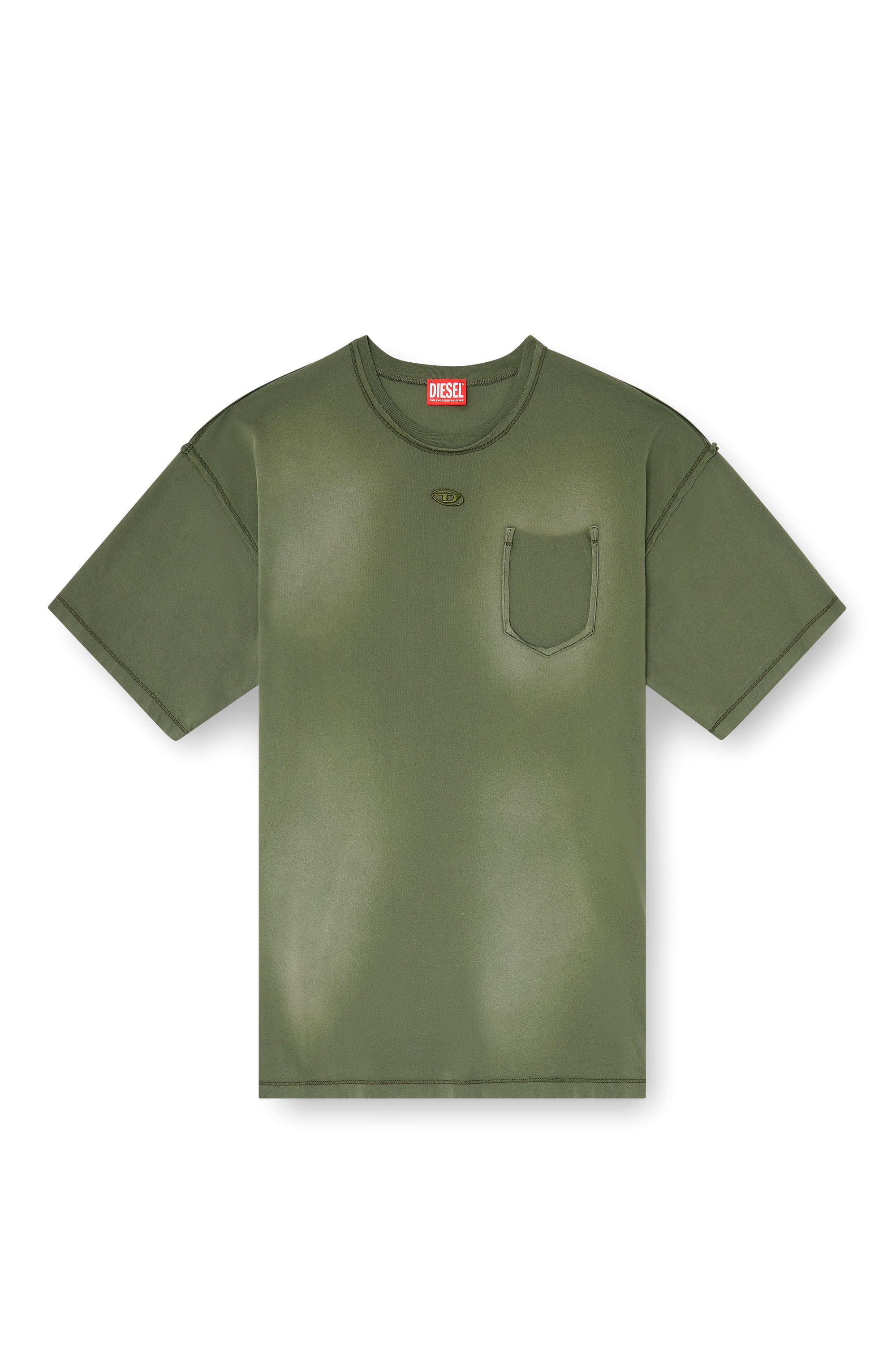 Diesel - T-POCK, T-shirt faded con taschino effetto ripped Uomo in Verde - 3