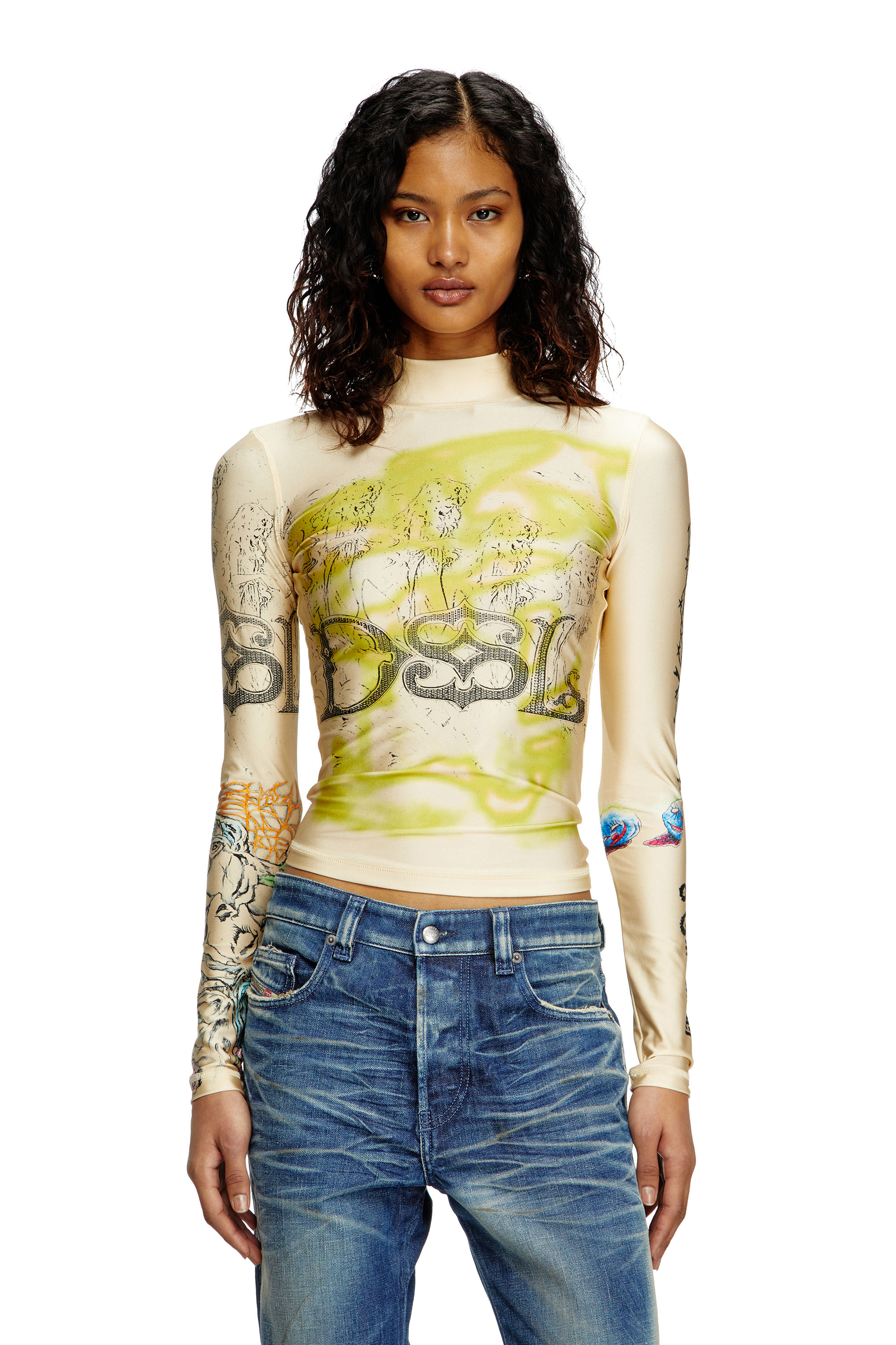 Diesel - T-IMUN, Top dolcevita con stampa tattoo Donna in Beige - 1