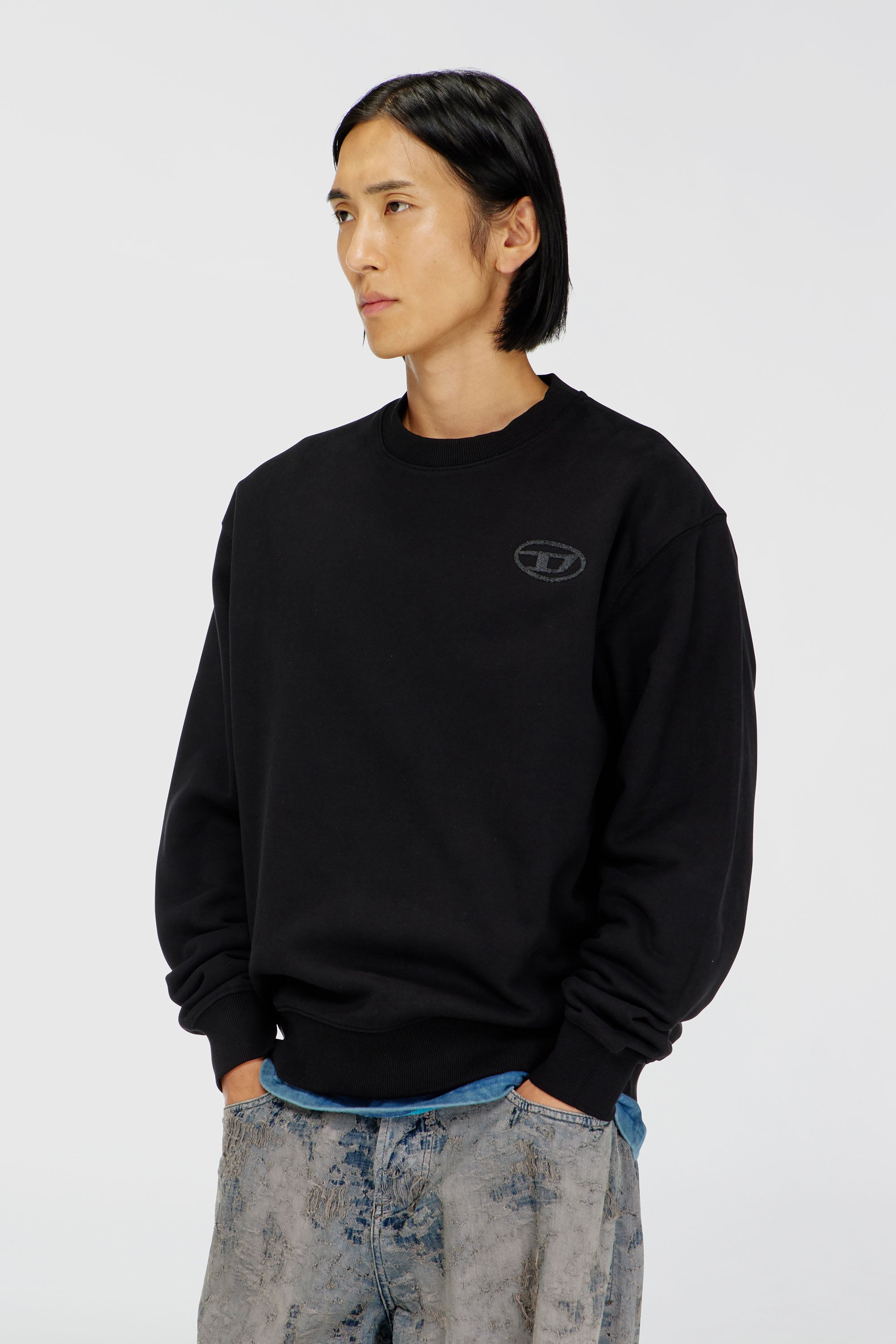 Diesel - S-LUK-R-T92, Maglia in cotone con ricamo Oval D tono su tono Uomo in Nero - 1